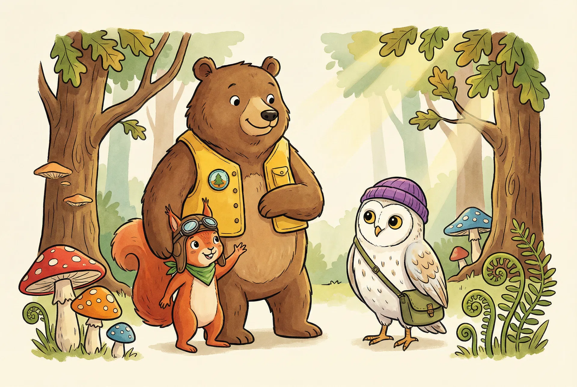 Barnaby Bear, Pip the Squirrel, and Luna the Owl