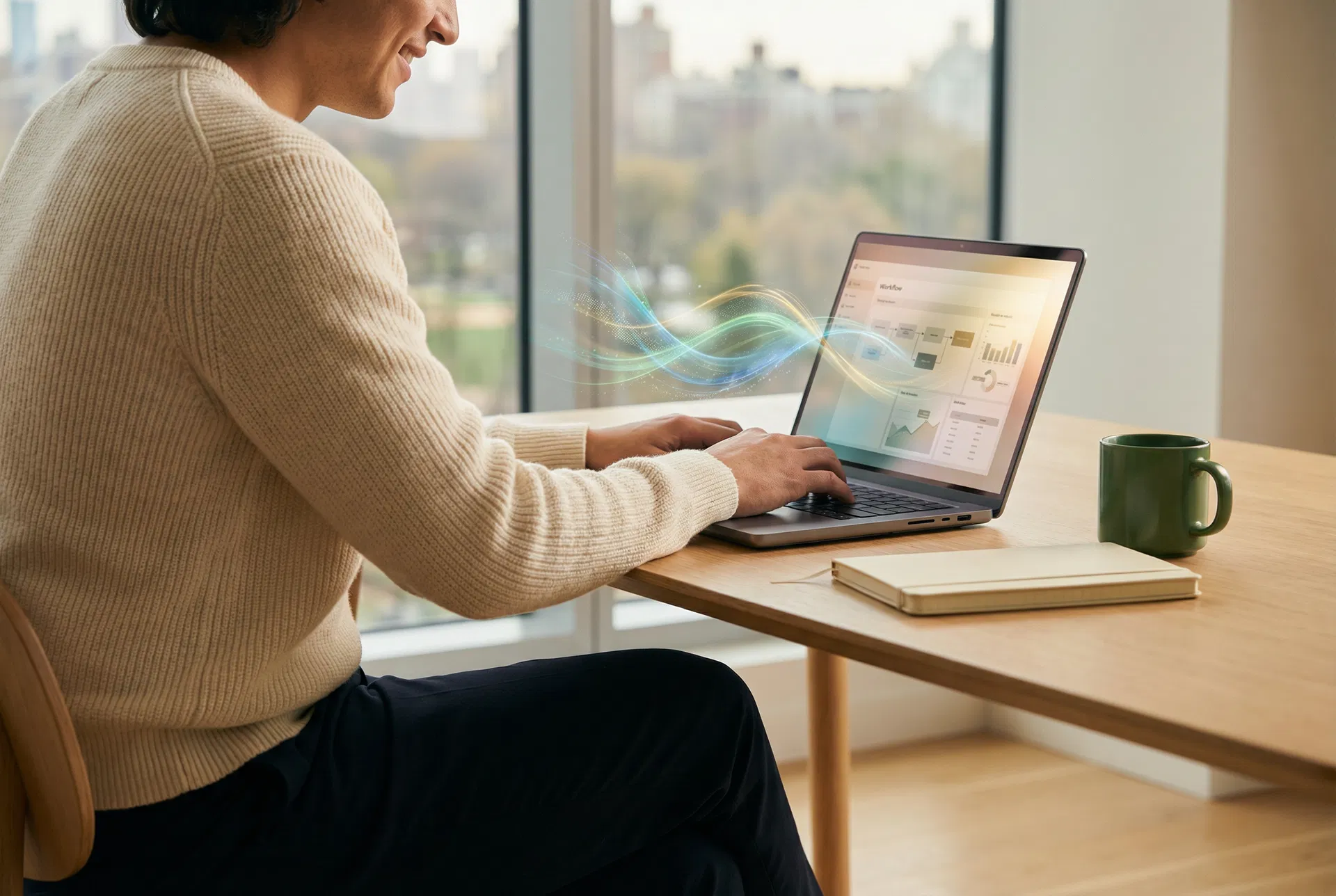 A professional working with AI-powered workflow tools on a laptop
