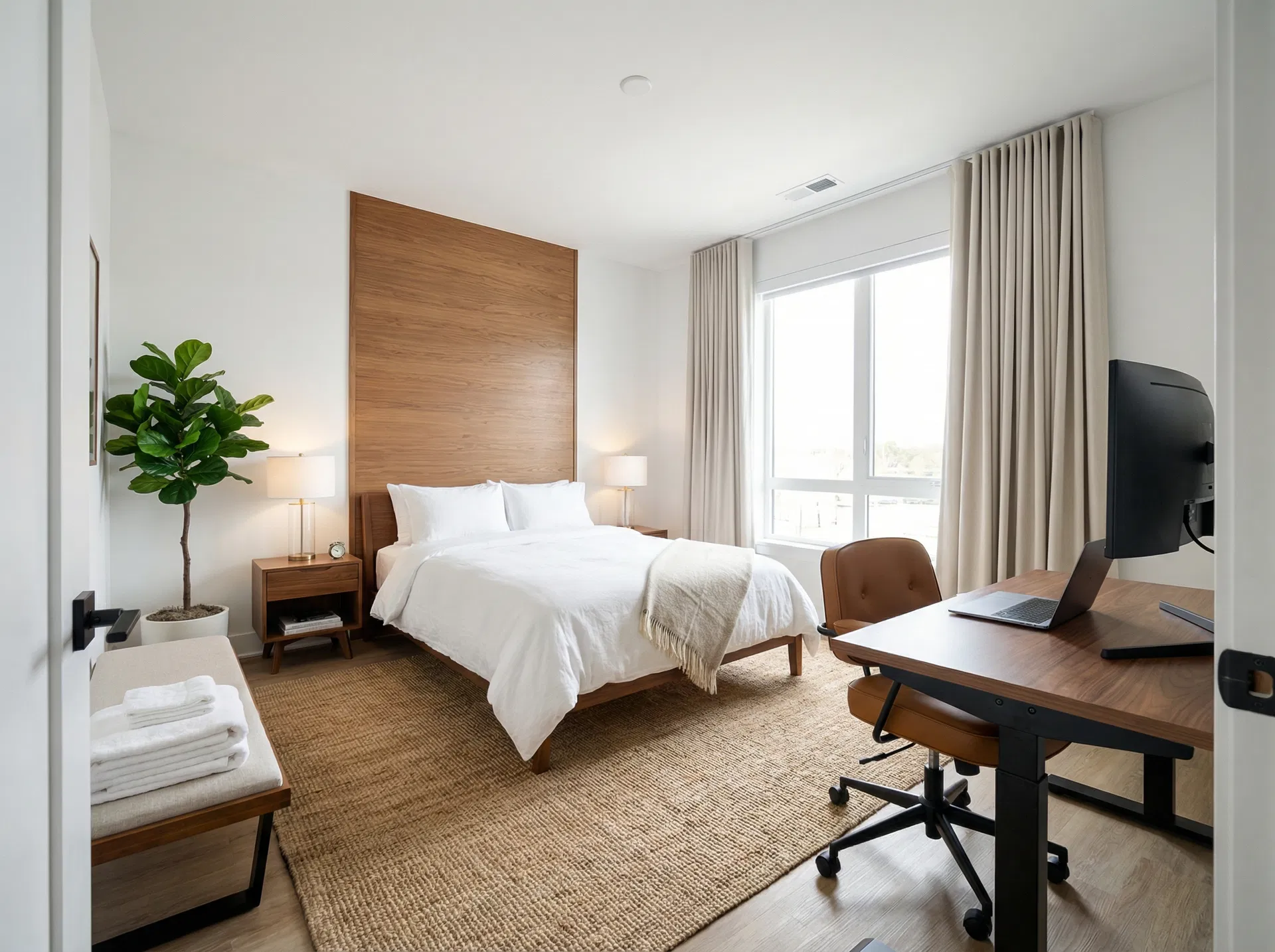 Furnished corporate housing unit — bedroom with dedicated workspace