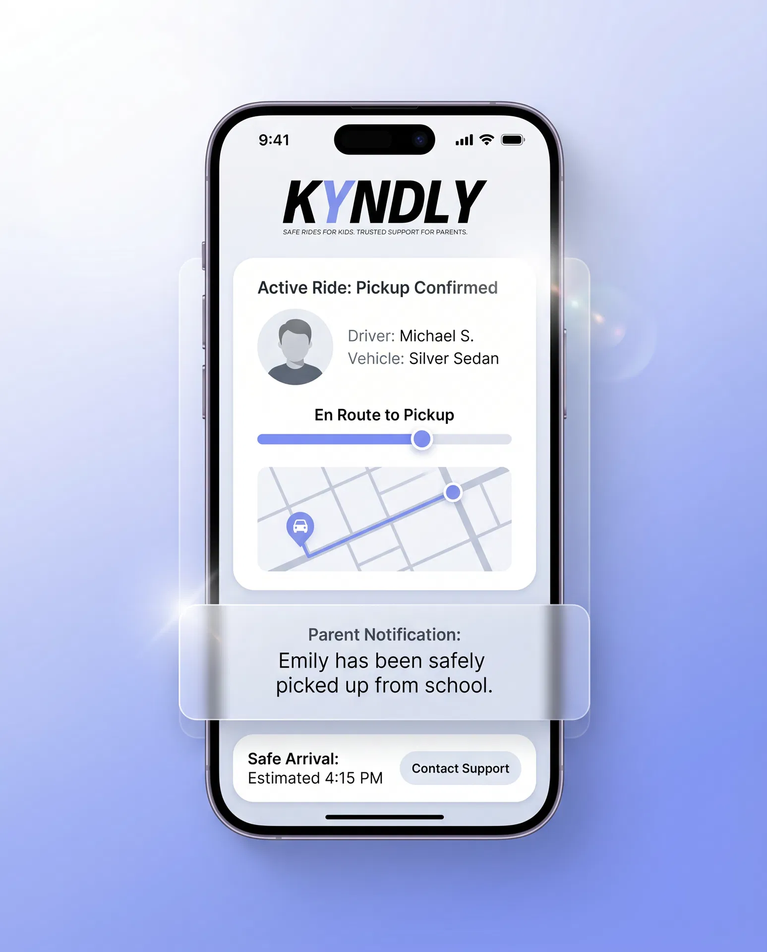 Kyndly ride tracking and parent notification app concept
