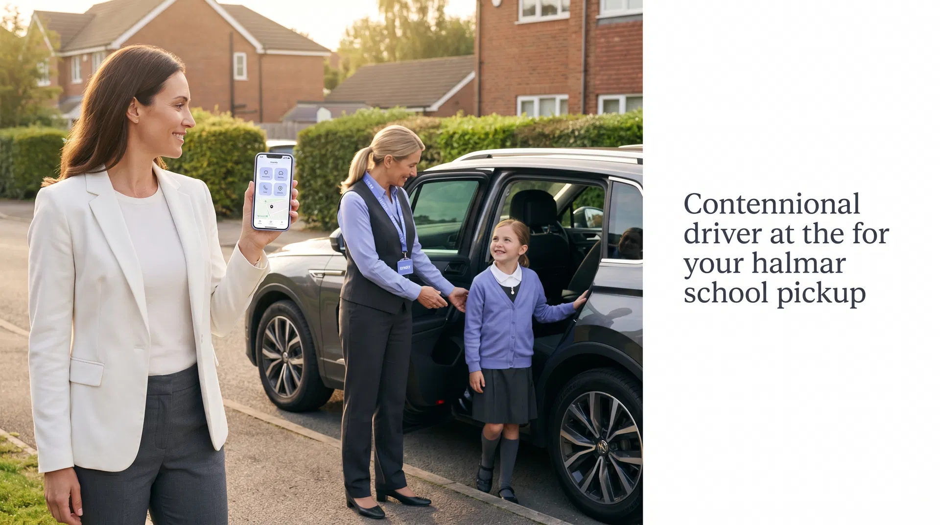 A parent monitoring a ride while a trusted Kyndly driver safely helps a child into a vehicle