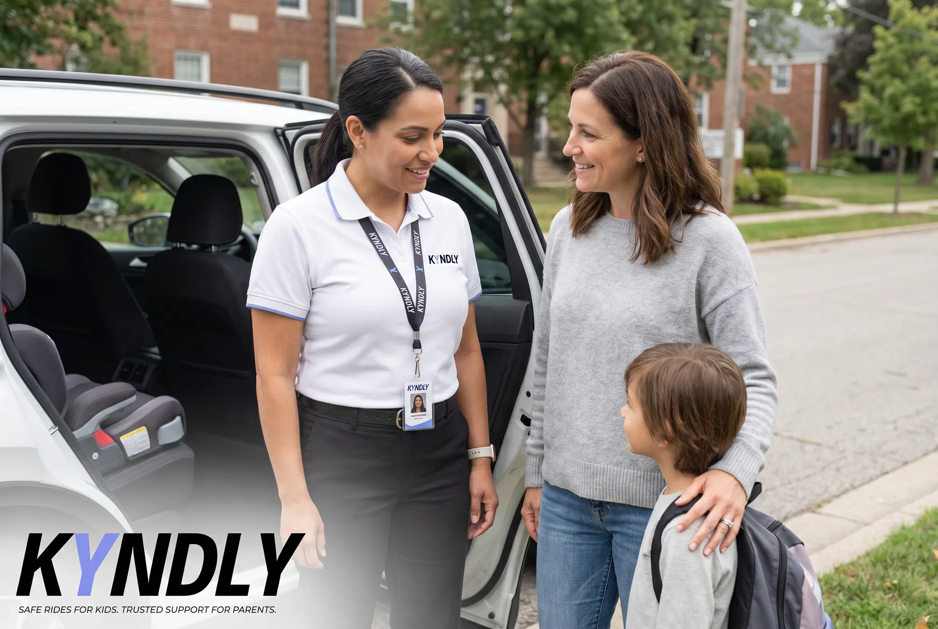A parent meeting a Kyndly driver beside a vehicle prepared for child-safe pickup