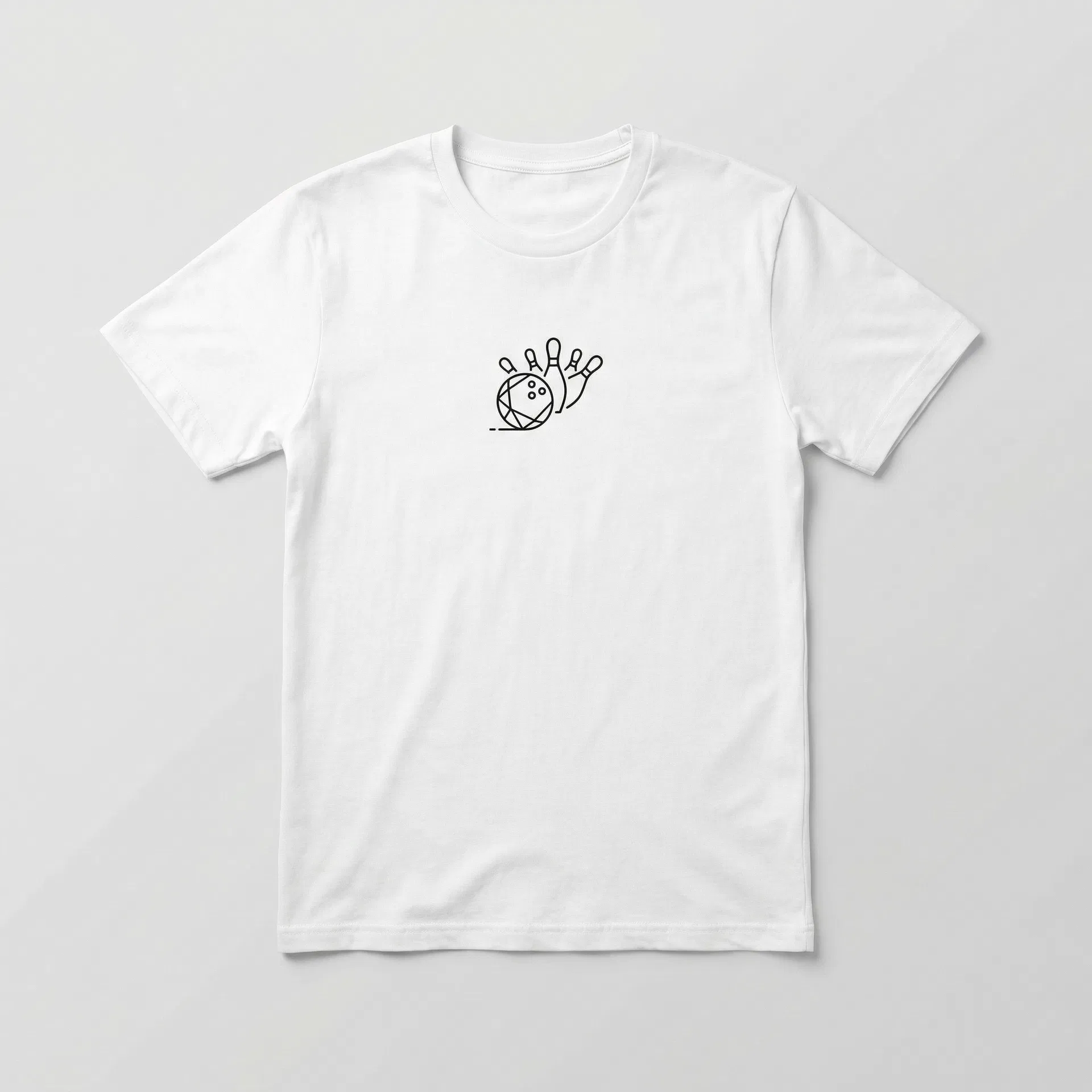 White t-shirt with minimalist bowling strike line art