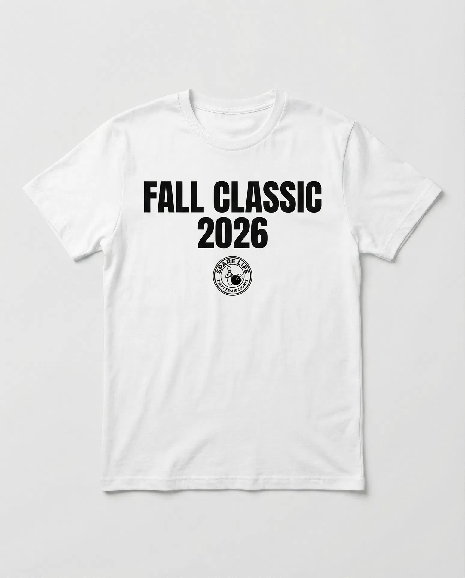 Spare Life Fall Classic 2026 Tee - White crew-neck t-shirt with bold FALL CLASSIC 2026 text and Spare Life badge logo - Front