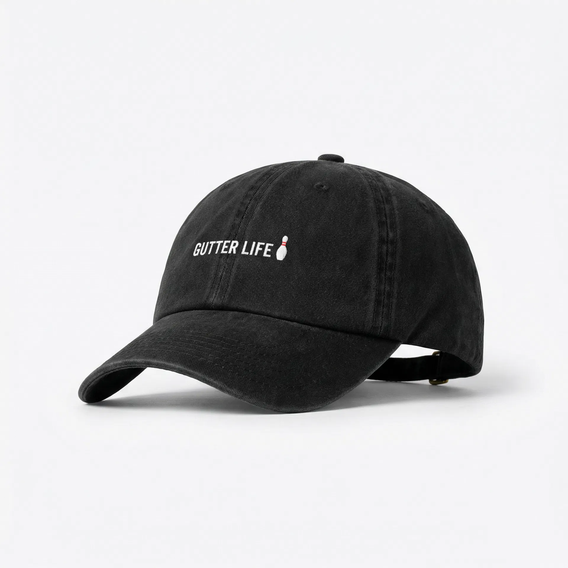 Gutter Life dad hat in black with bowling pin embroidery