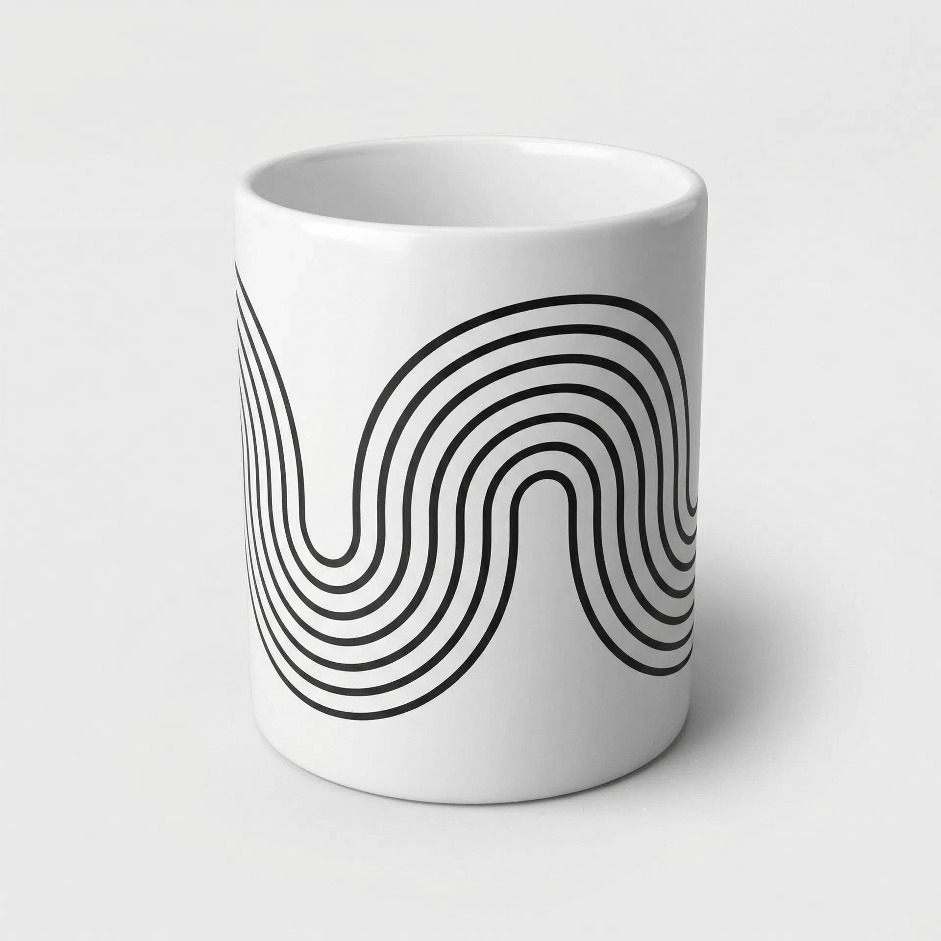 White ceramic mug with minimalist wave line pattern