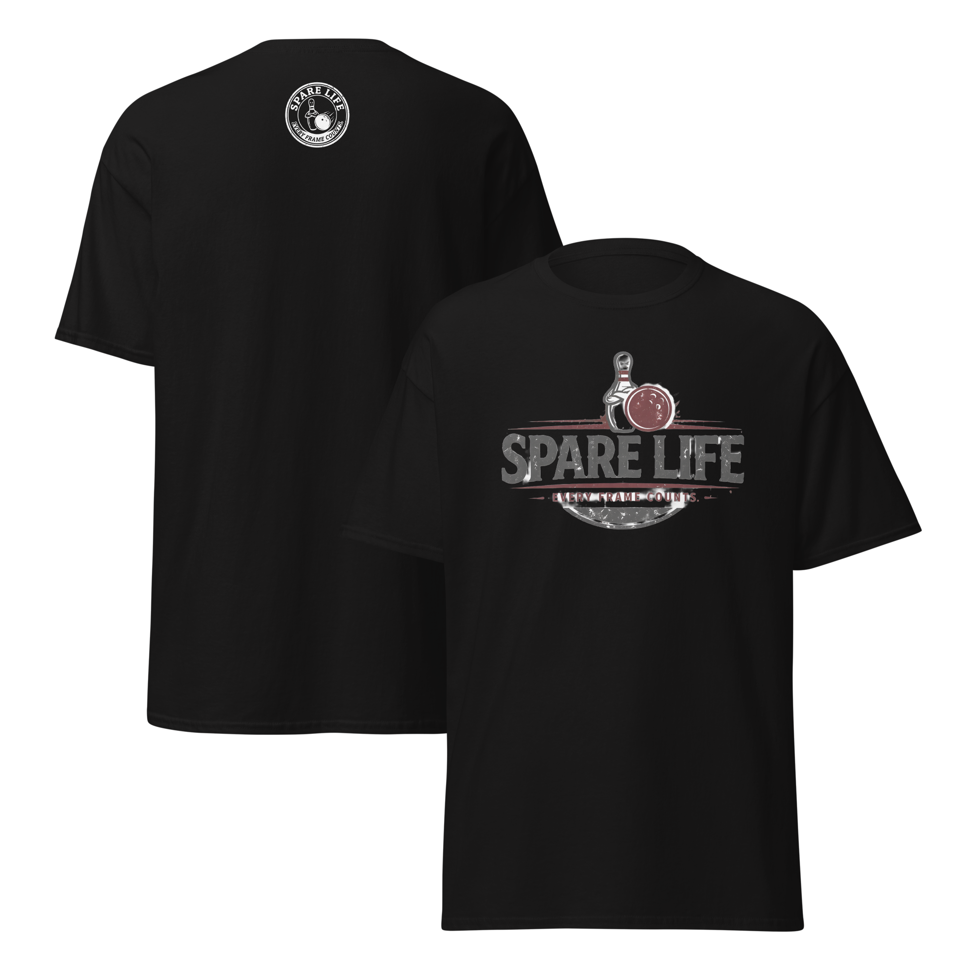 Spare Life Classic Tee in black with red bowling logo - Front