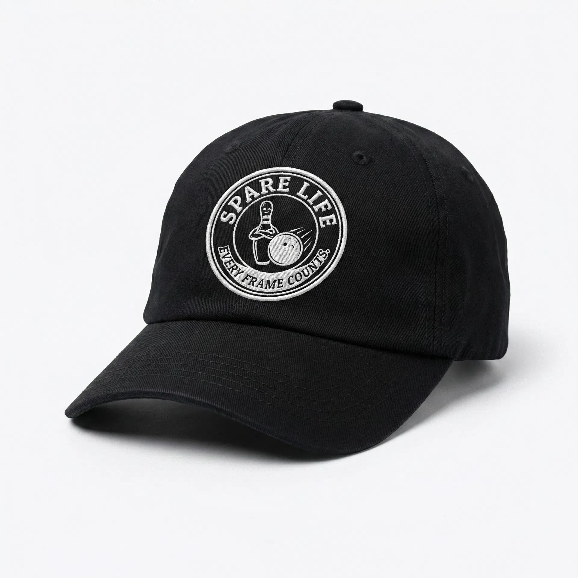 Spare Life dad hat in black with bowling pin embroidery