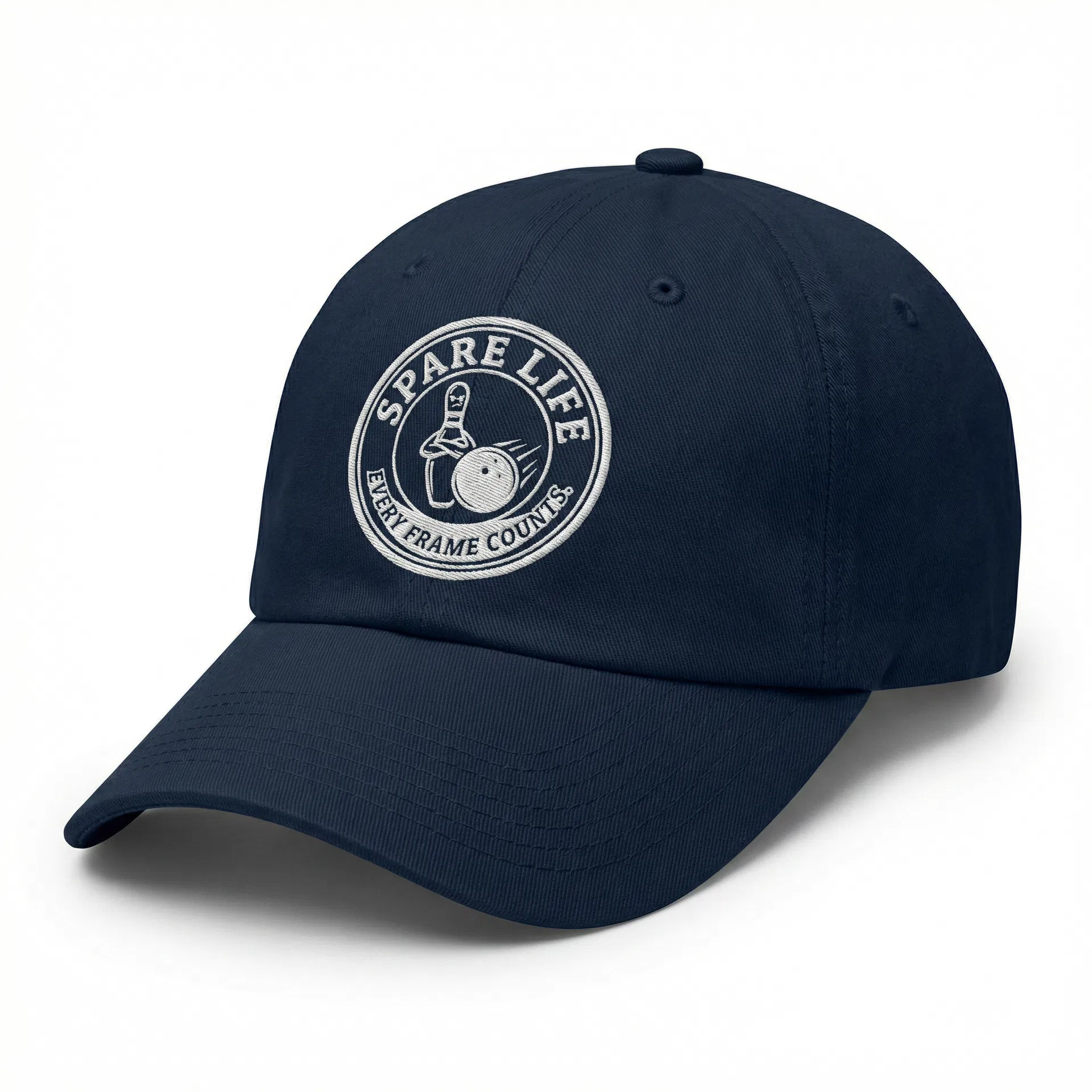 Spare Life dad hat in navy with bowling pin embroidery
