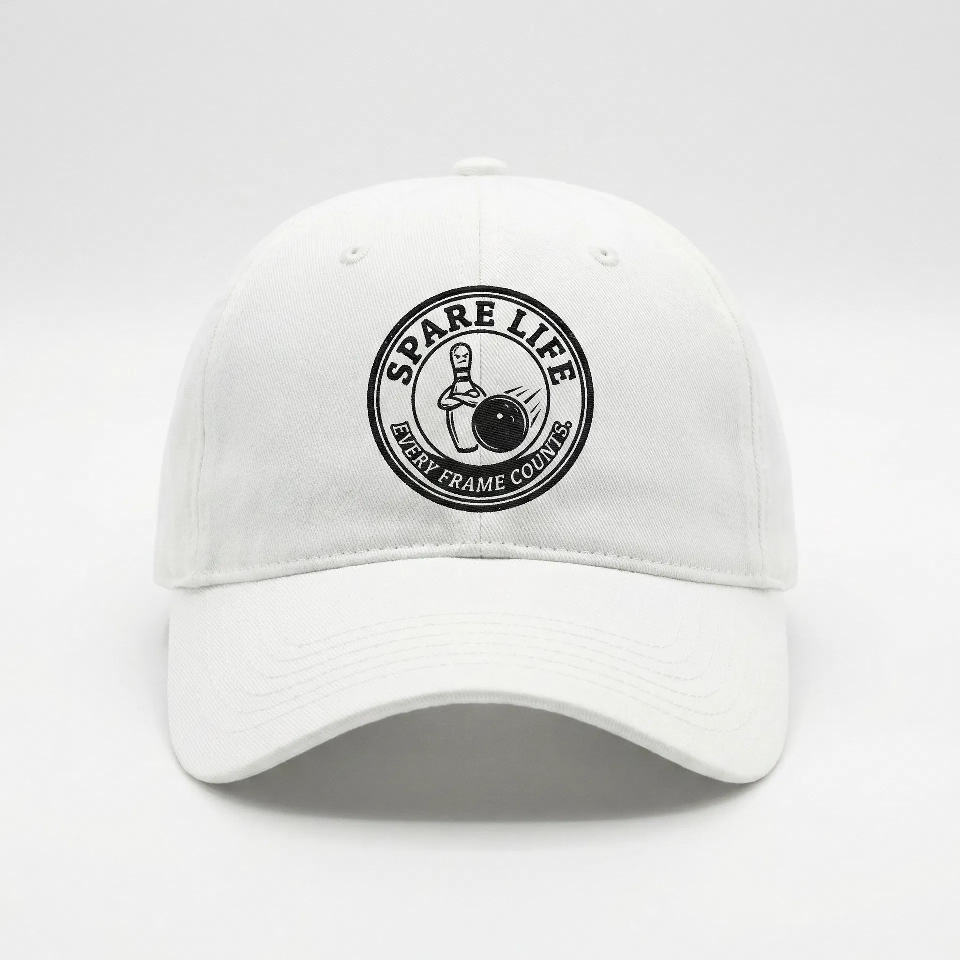 Spare Life dad hat in white with bowling pin embroidery