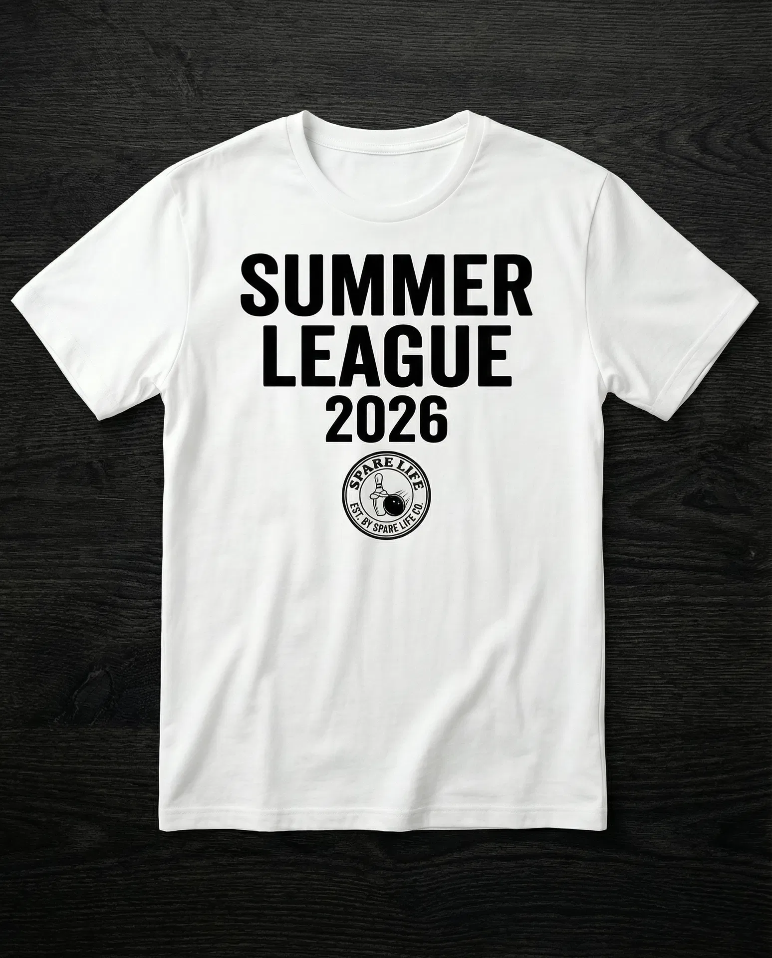 Spare Life Summer League 2026 white t-shirt with bold black text and bowling badge logo