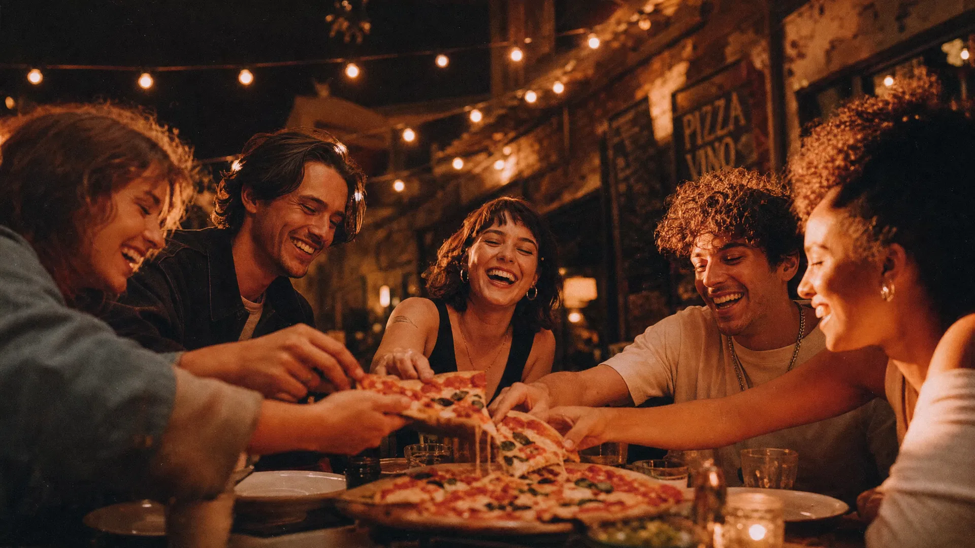 Friends around pizza