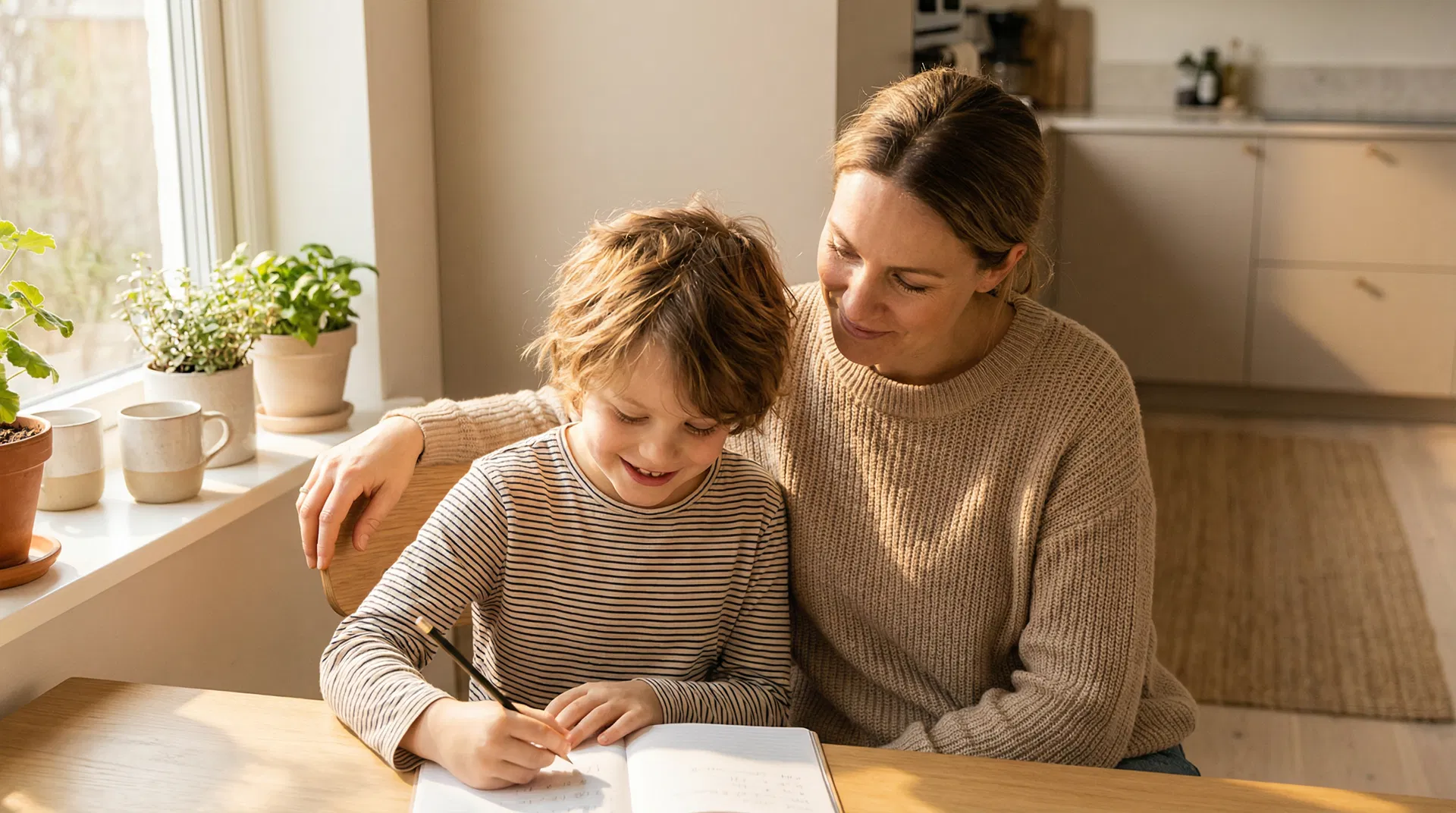 Mother helping child with homework in warm kitchen setting