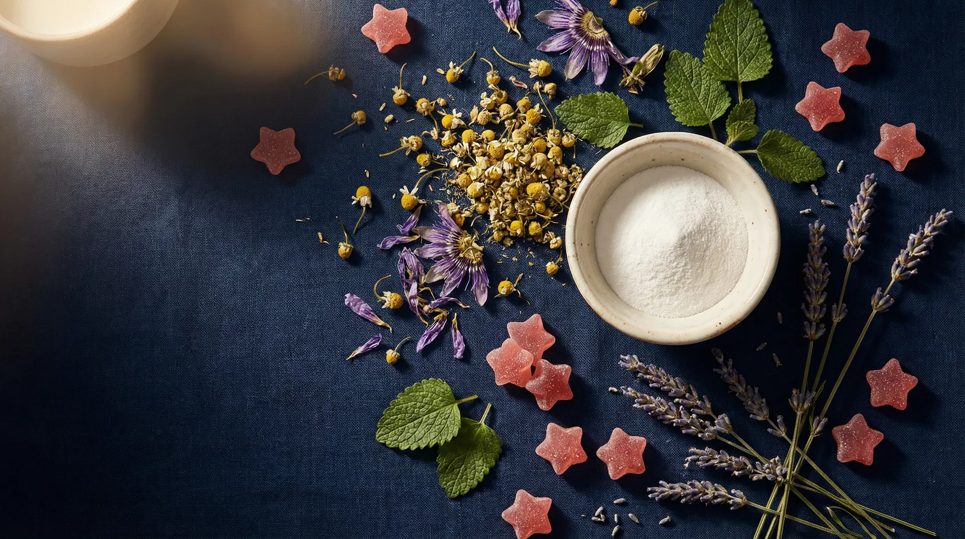 Natural botanical sleep ingredients on dark background