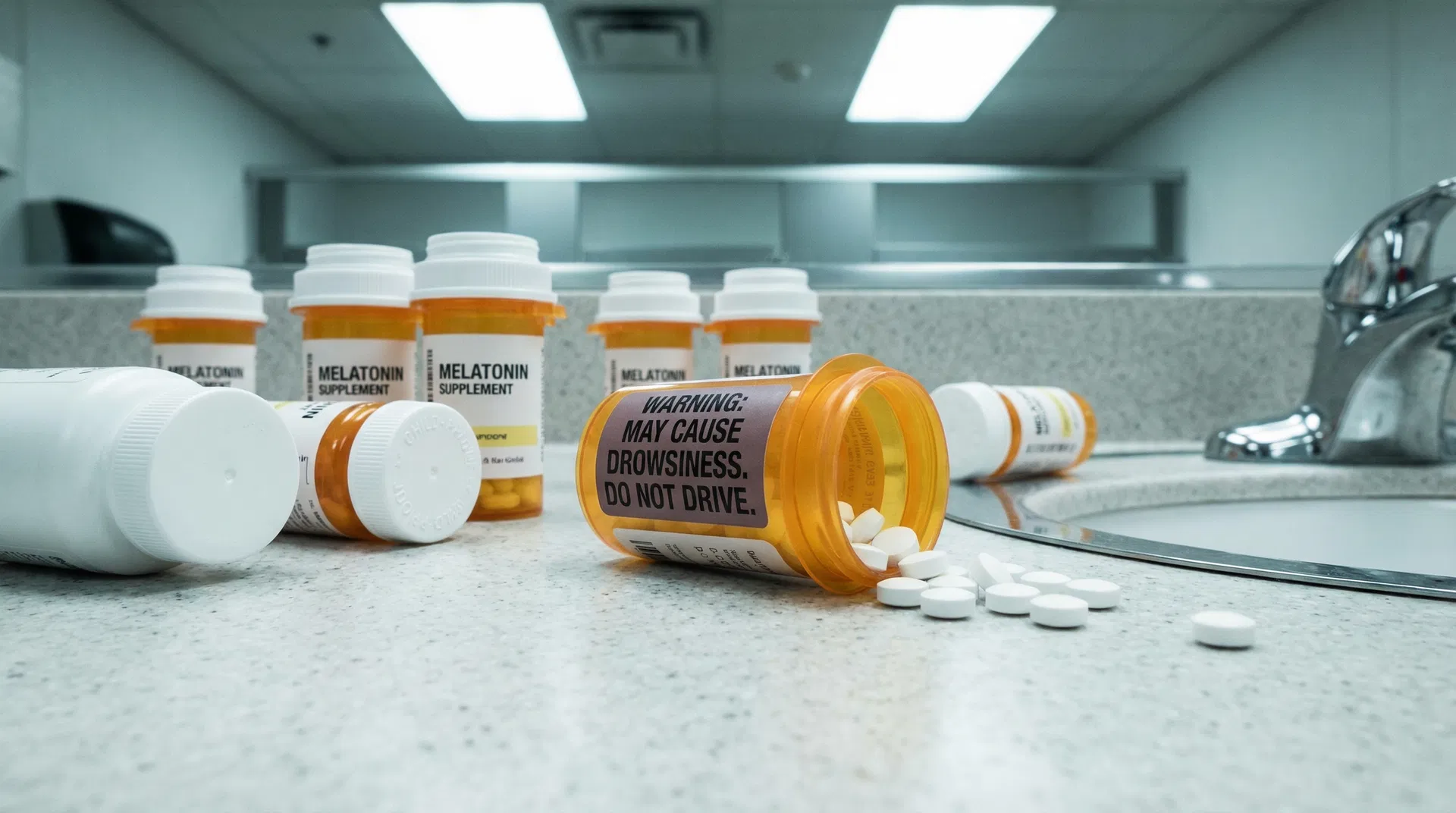 Scattered melatonin bottles with warning labels