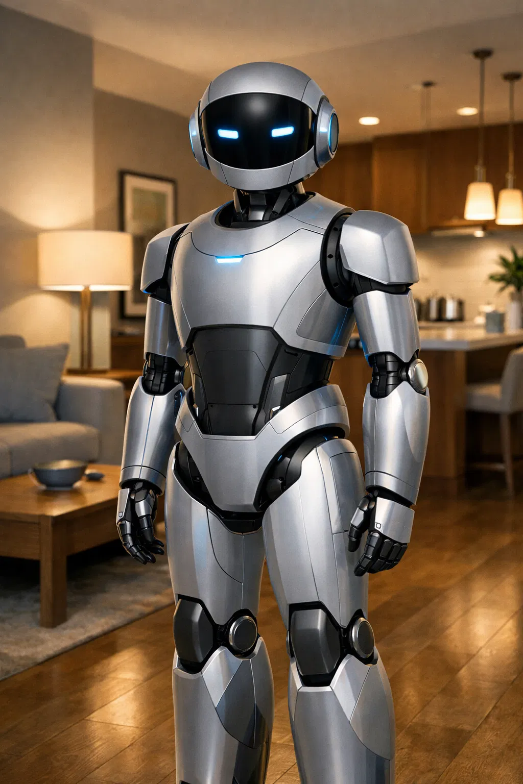 A friendly household robot in a suburban home