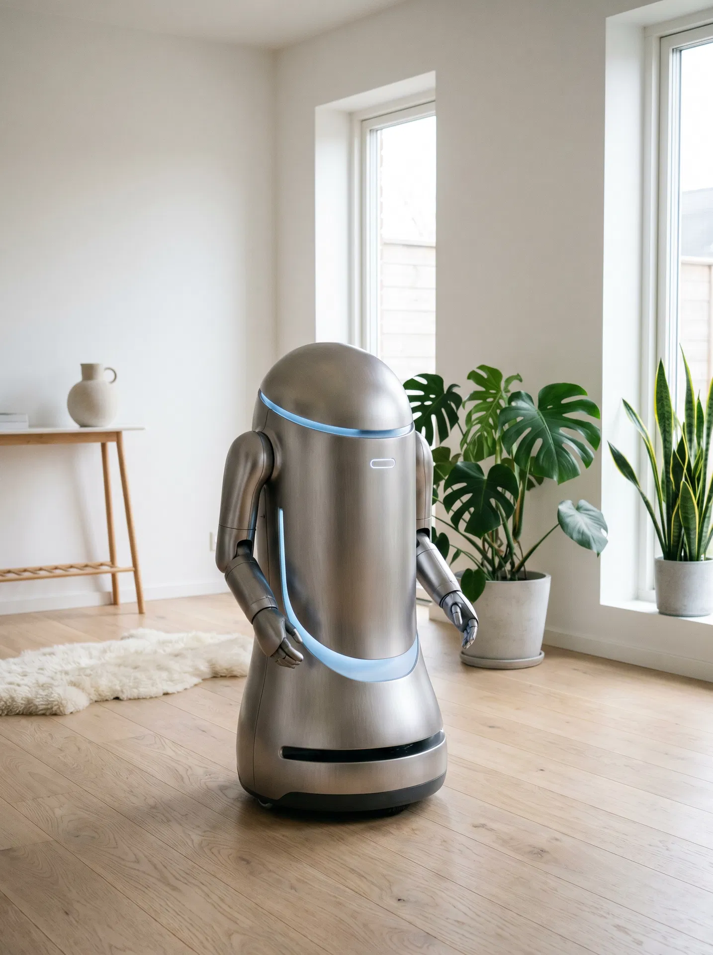 A friendly household robot in a suburban home