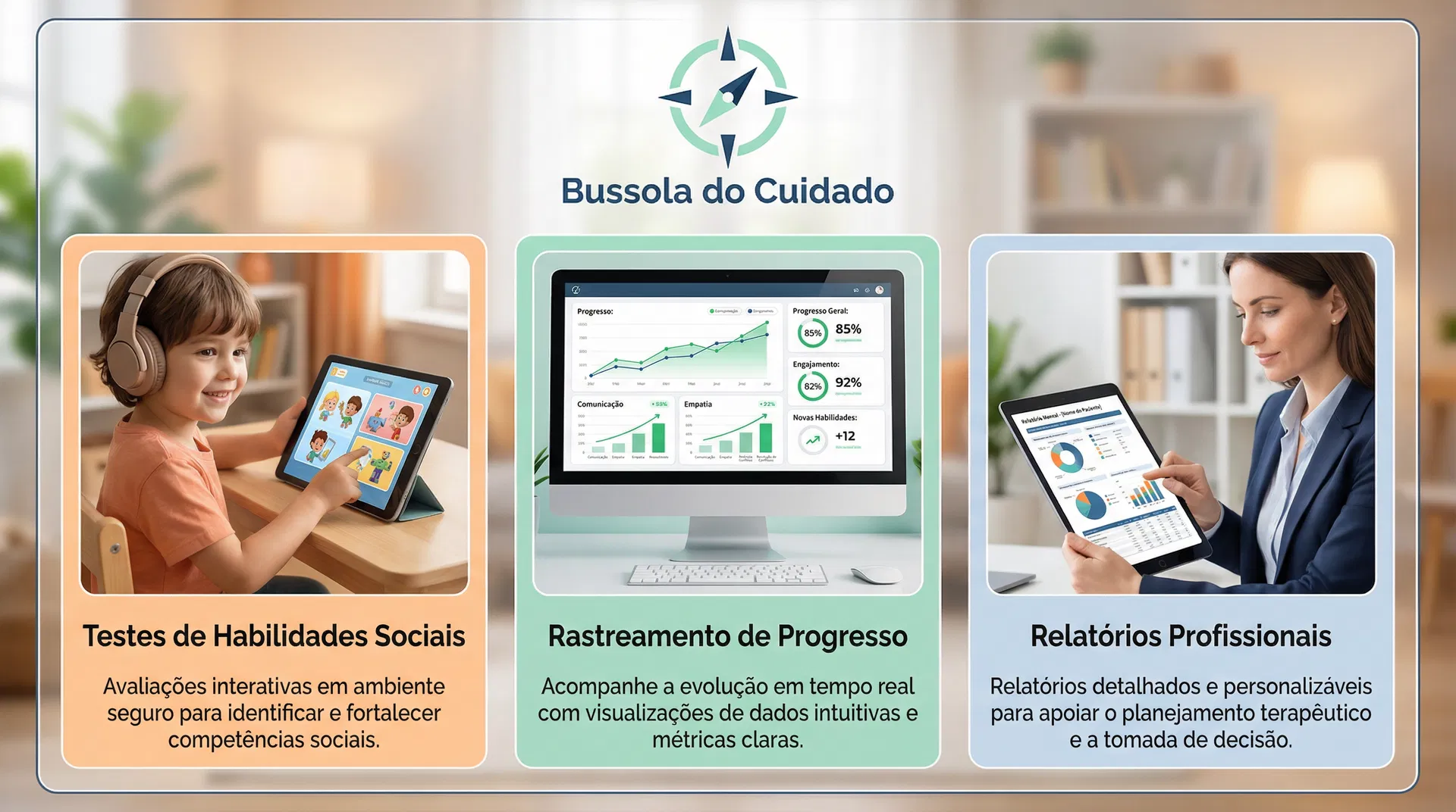 Funcionalidades: Testes de Habilidades Sociais, Rastreamento de Progresso, Relatórios Profissionais