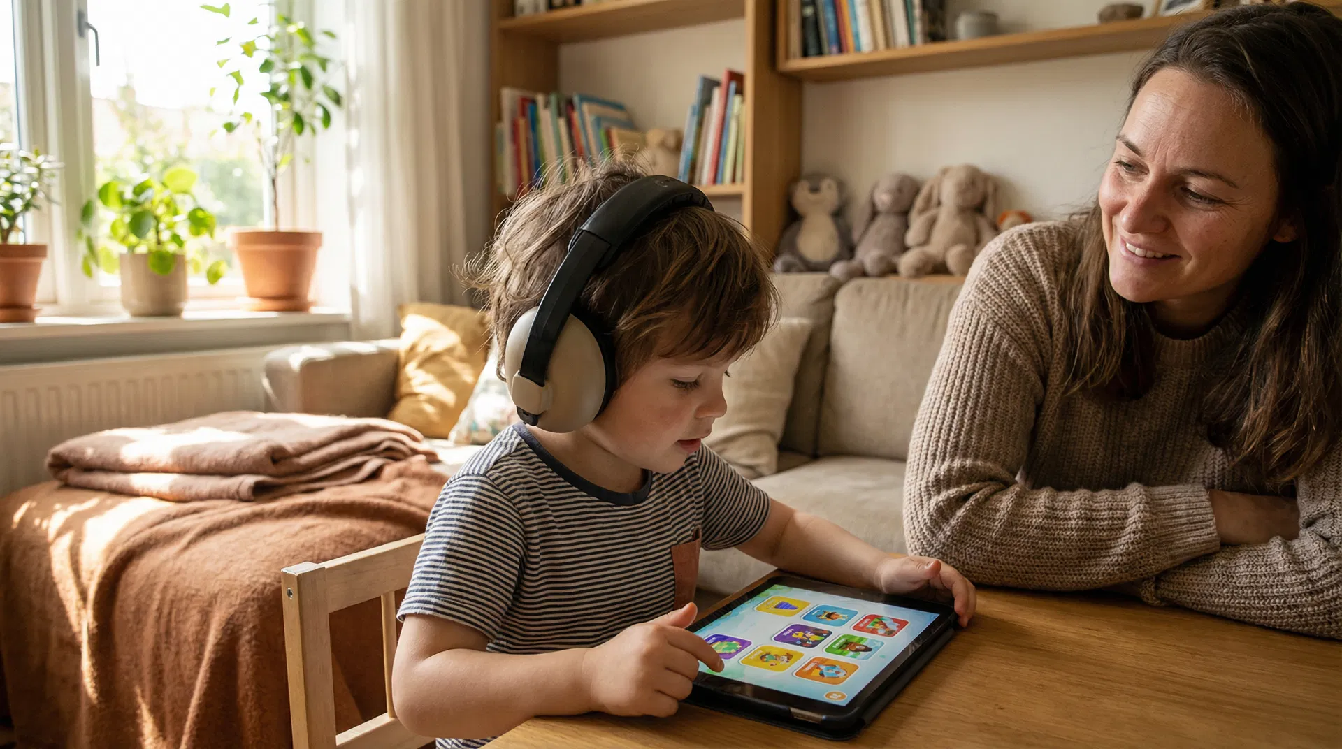 Criança com fones usando app com mãe ao lado