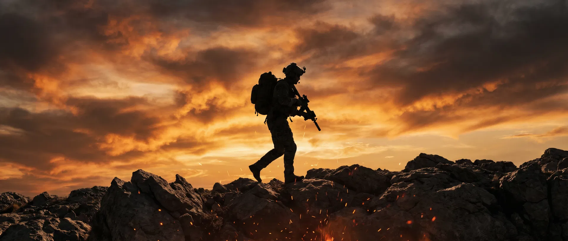 Soldier silhouetted against fiery dawn sky
