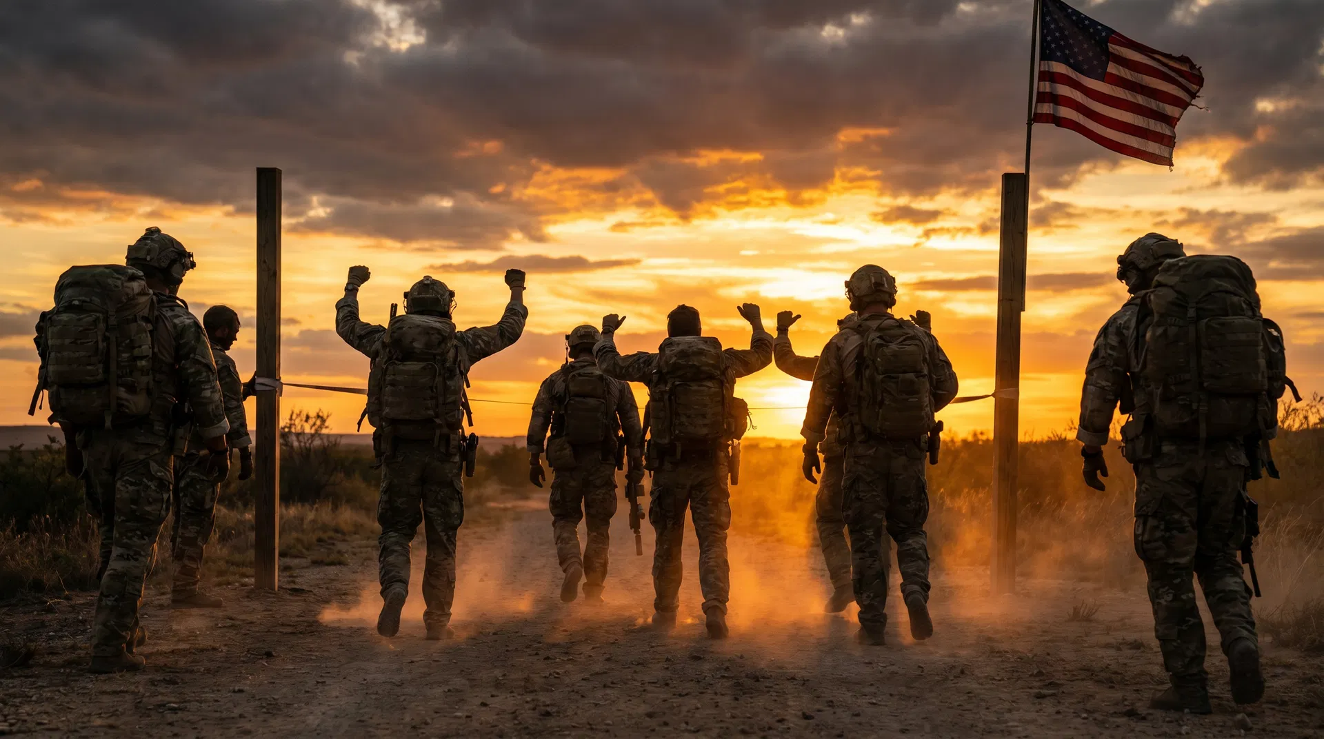 Soldiers completing ruck march at sunset