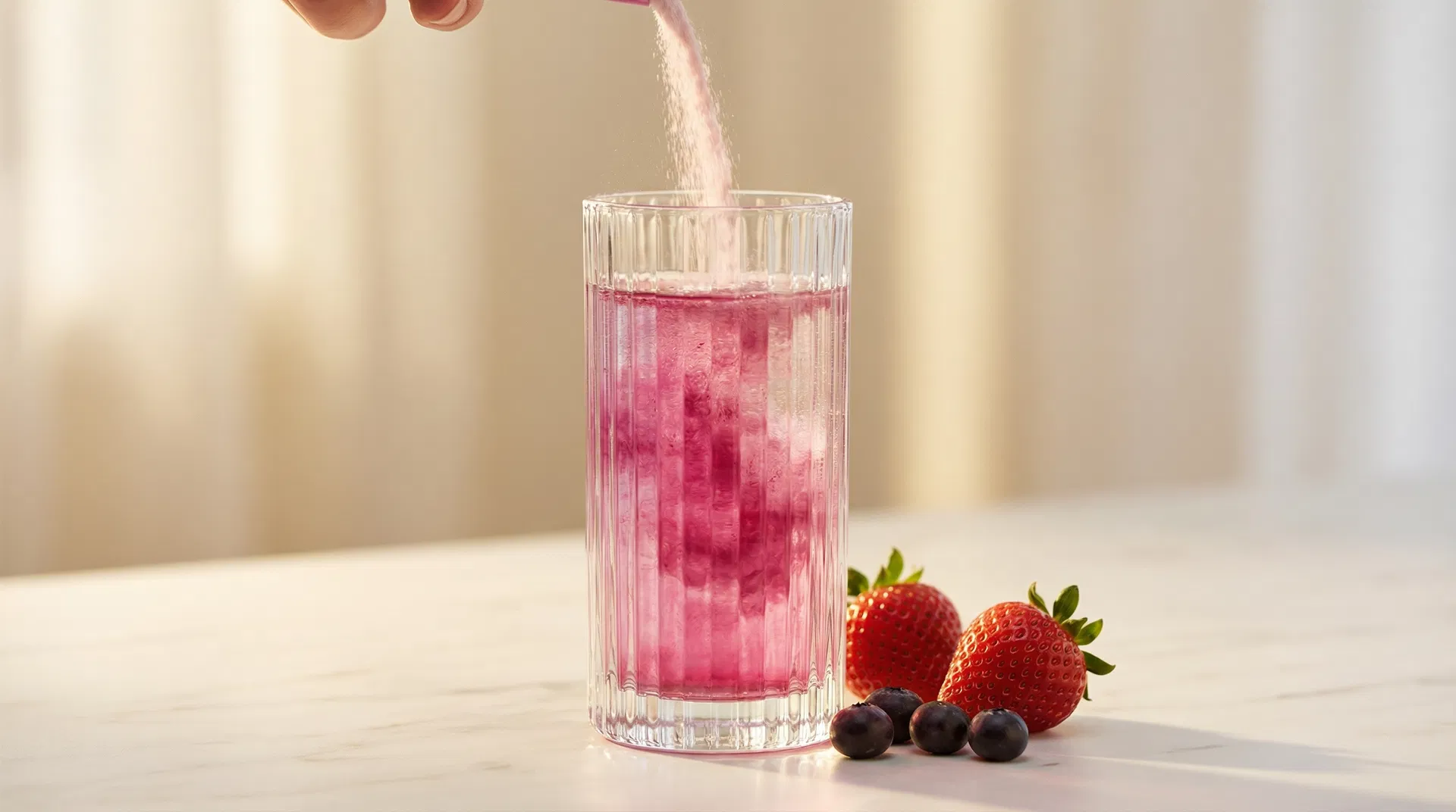 GlowCut Strawberry Açaí sachet being poured into a crystal glass — your daily morning ritual
