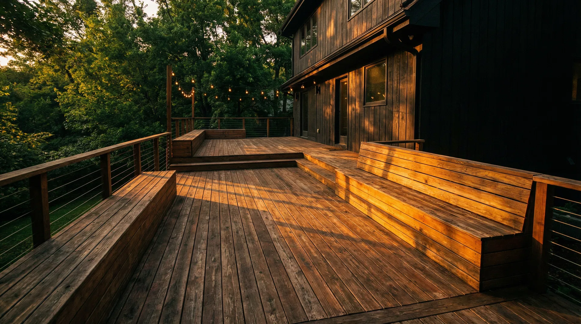 Custom cedar deck at golden hour