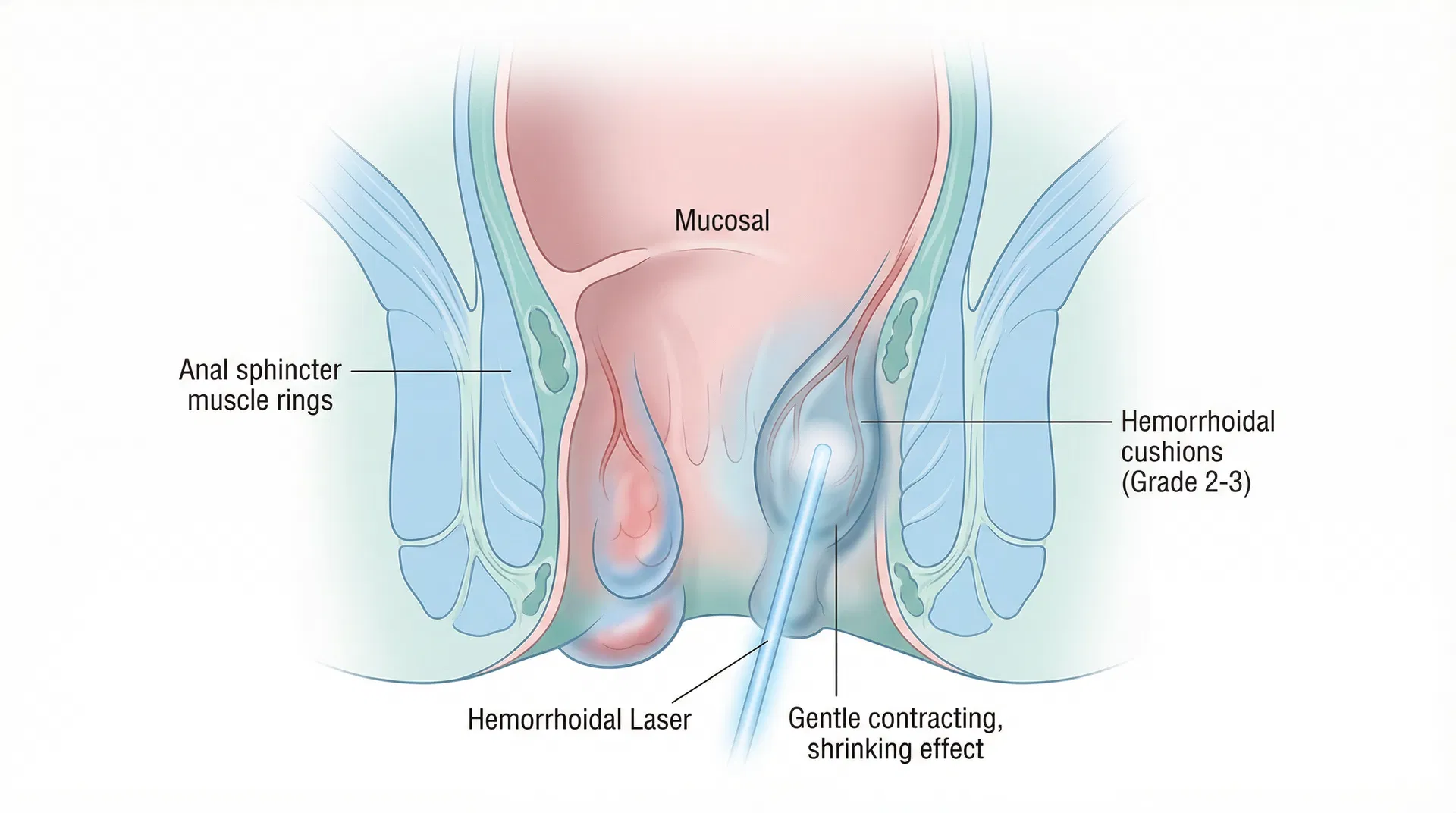 Laser piles treatment in Bangalore - medical illustration showing laser hemorrhoidoplasty shrinking hemorrhoidal tissue