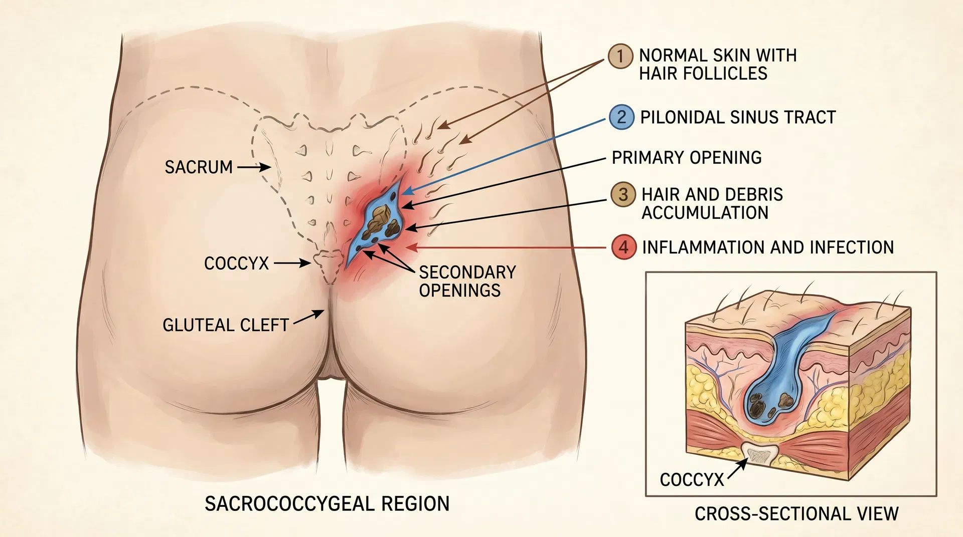 Pilonidal Sinus Anatomy - Detailed cross-sectional diagram showing sinus tract location and structure