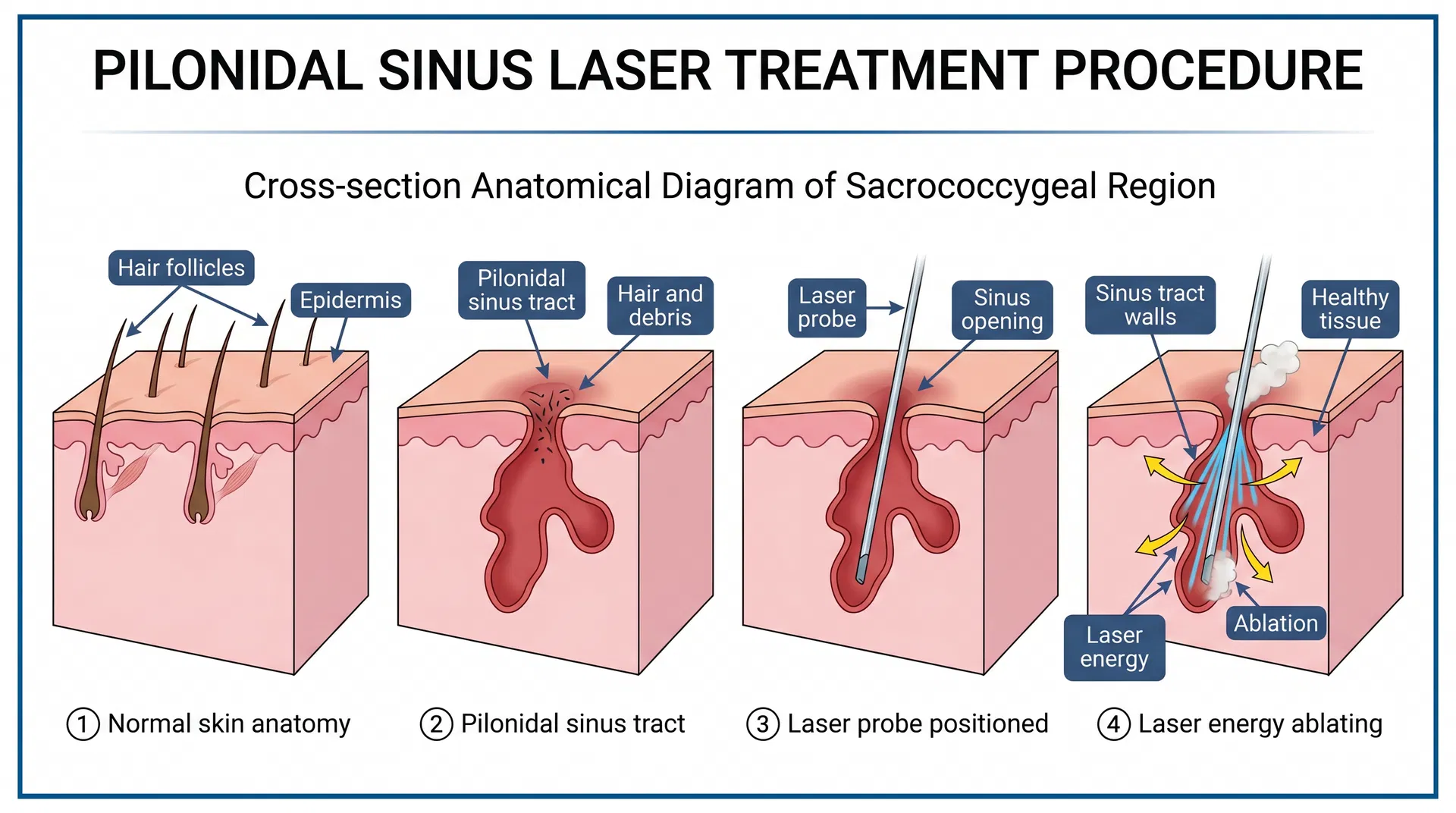 Laser treatment for pilonidal sinus procedure - Step-by-step anatomical diagram showing laser ablation technique by Dr Adarsh Patil