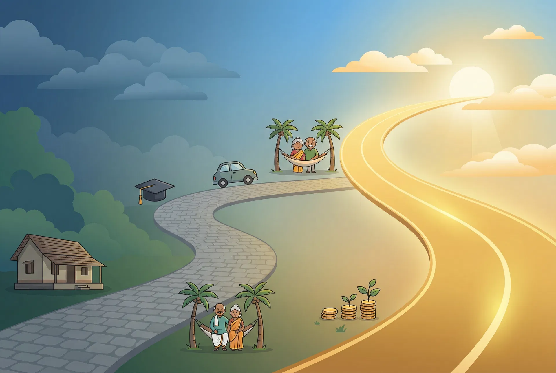 Financial wealth journey from modest beginnings to golden retirement