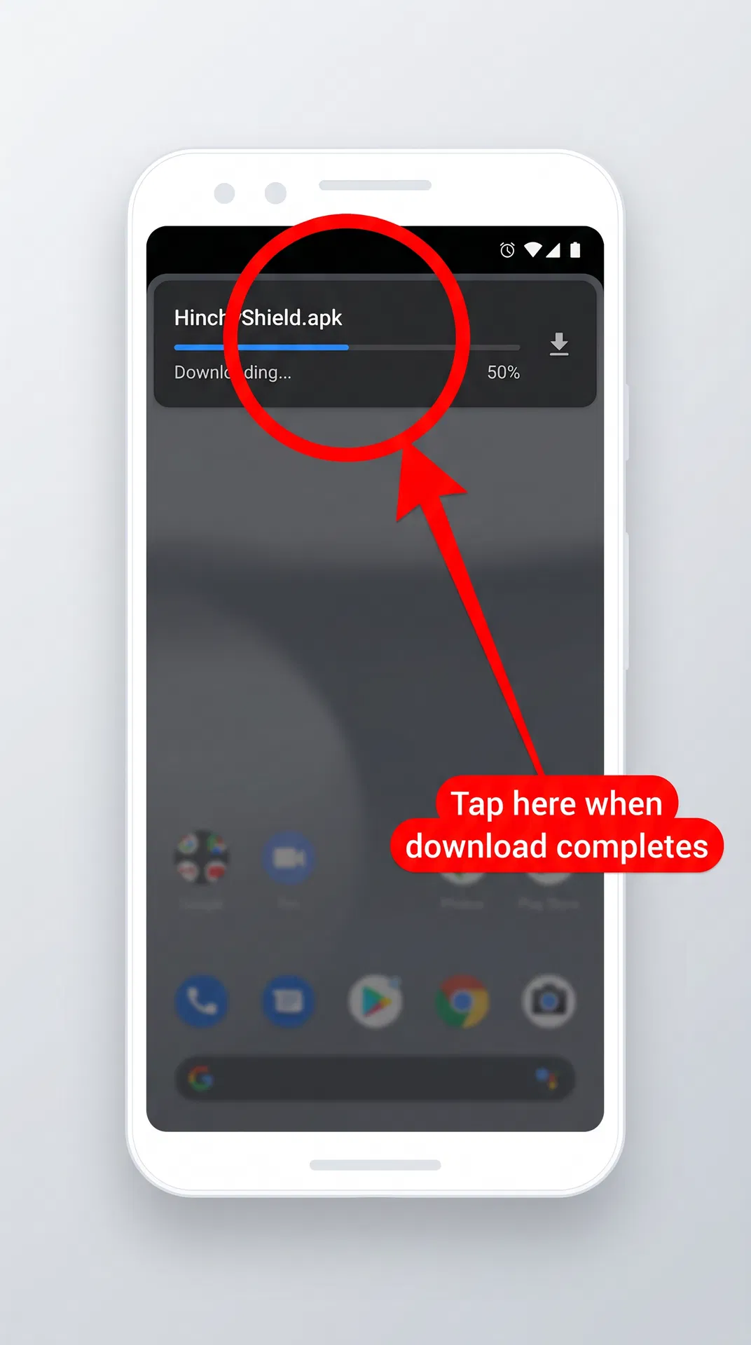Android notification showing HinchyShield.apk downloading with annotation pointing to tap when complete