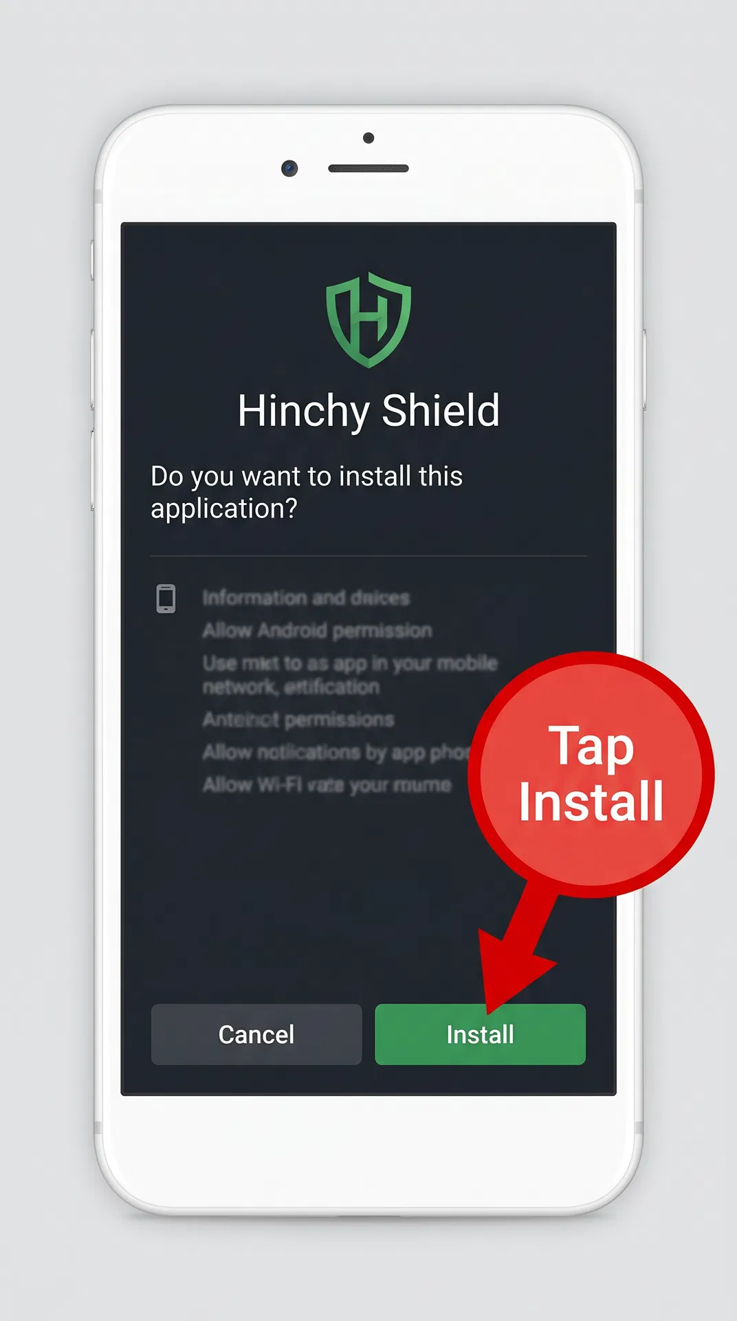 Android install confirmation screen showing Hinchy Shield app with Install button highlighted