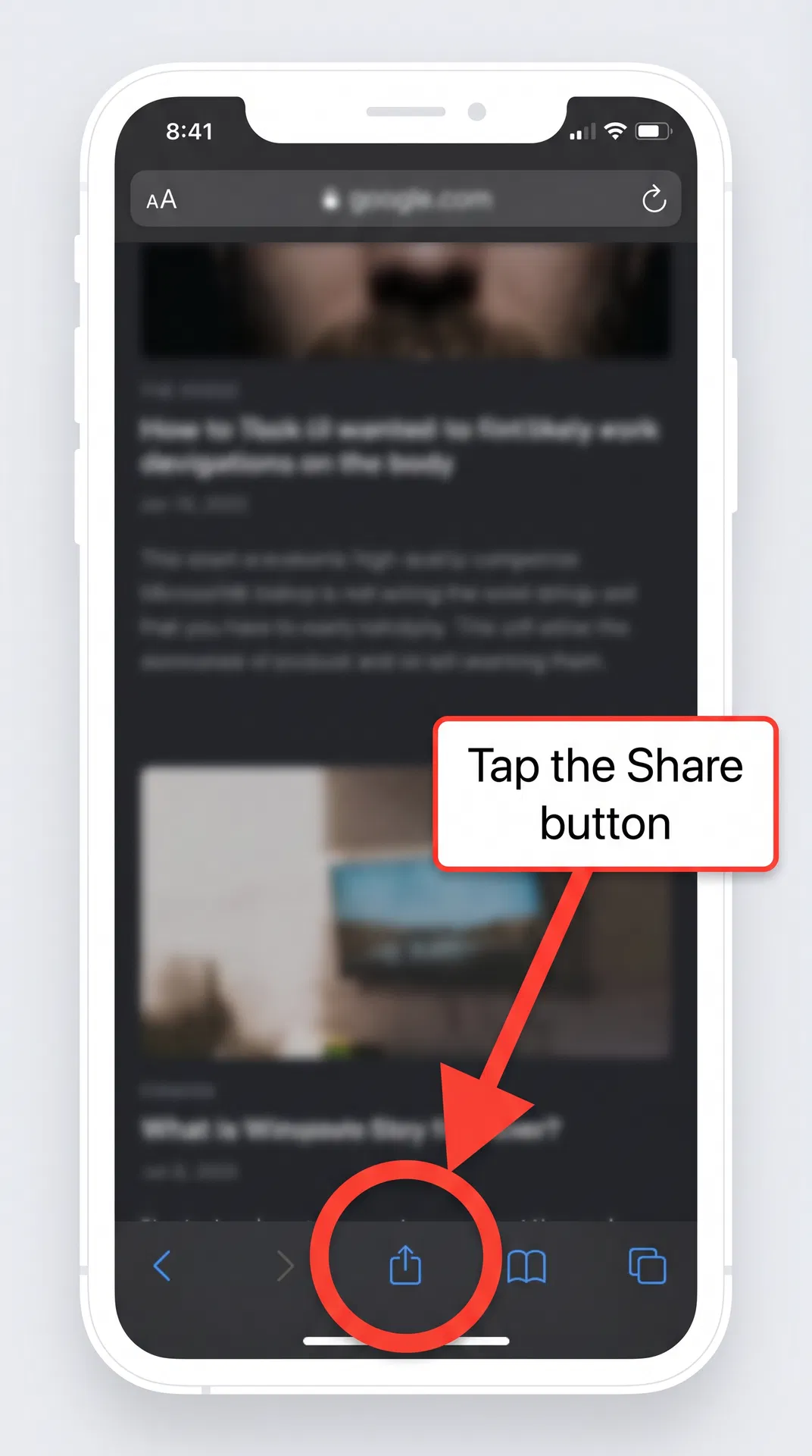 iPhone Safari toolbar with red circle annotation pointing to the Share button (square with upward arrow)