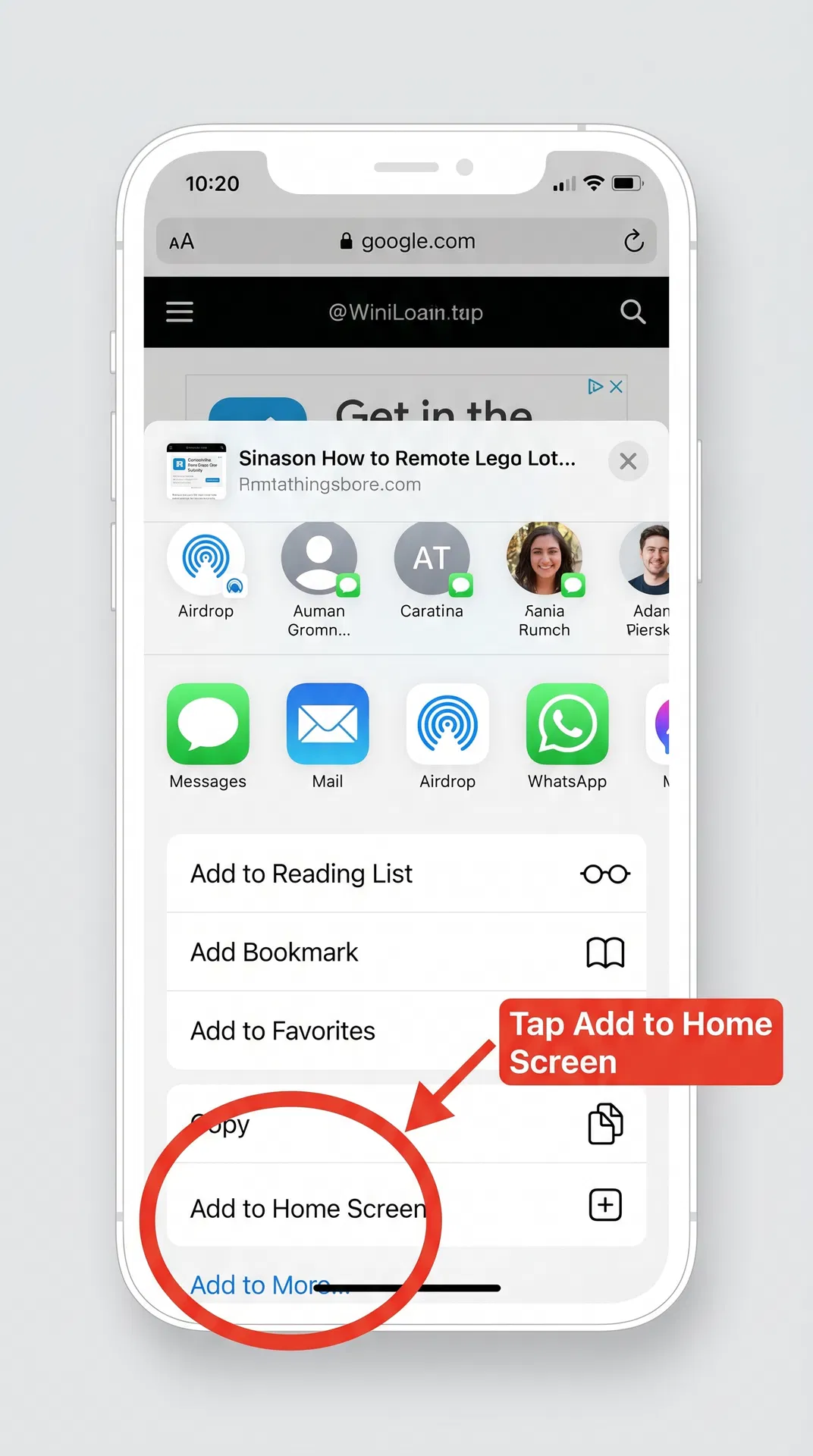 iOS Share Sheet showing options with red circle annotation pointing to Add to Home Screen option