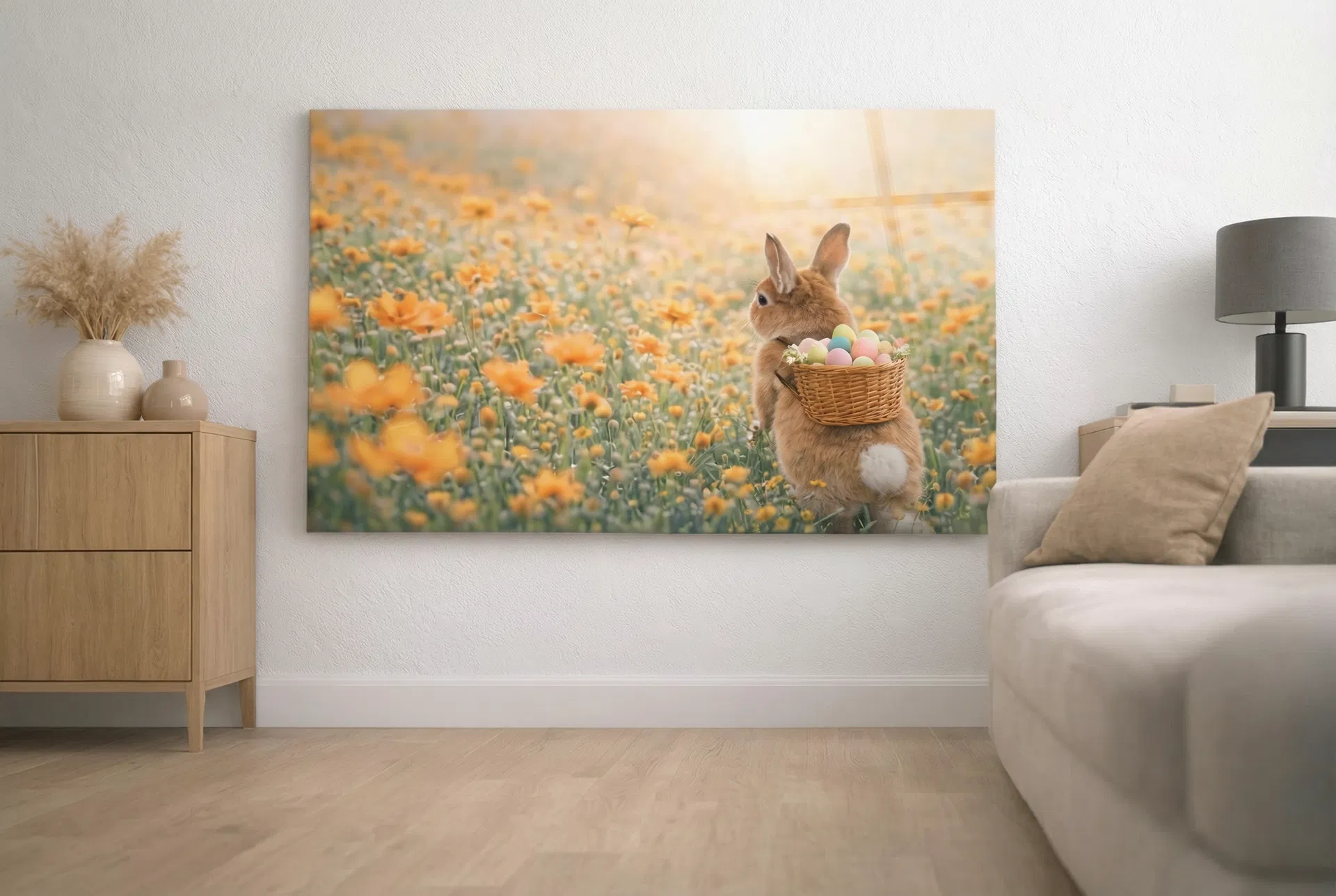 Alu-Dibond Foto drucken Schweiz – Hasenmotiv als Alu-Dibond-Wandbild im modernen Wohnzimmer