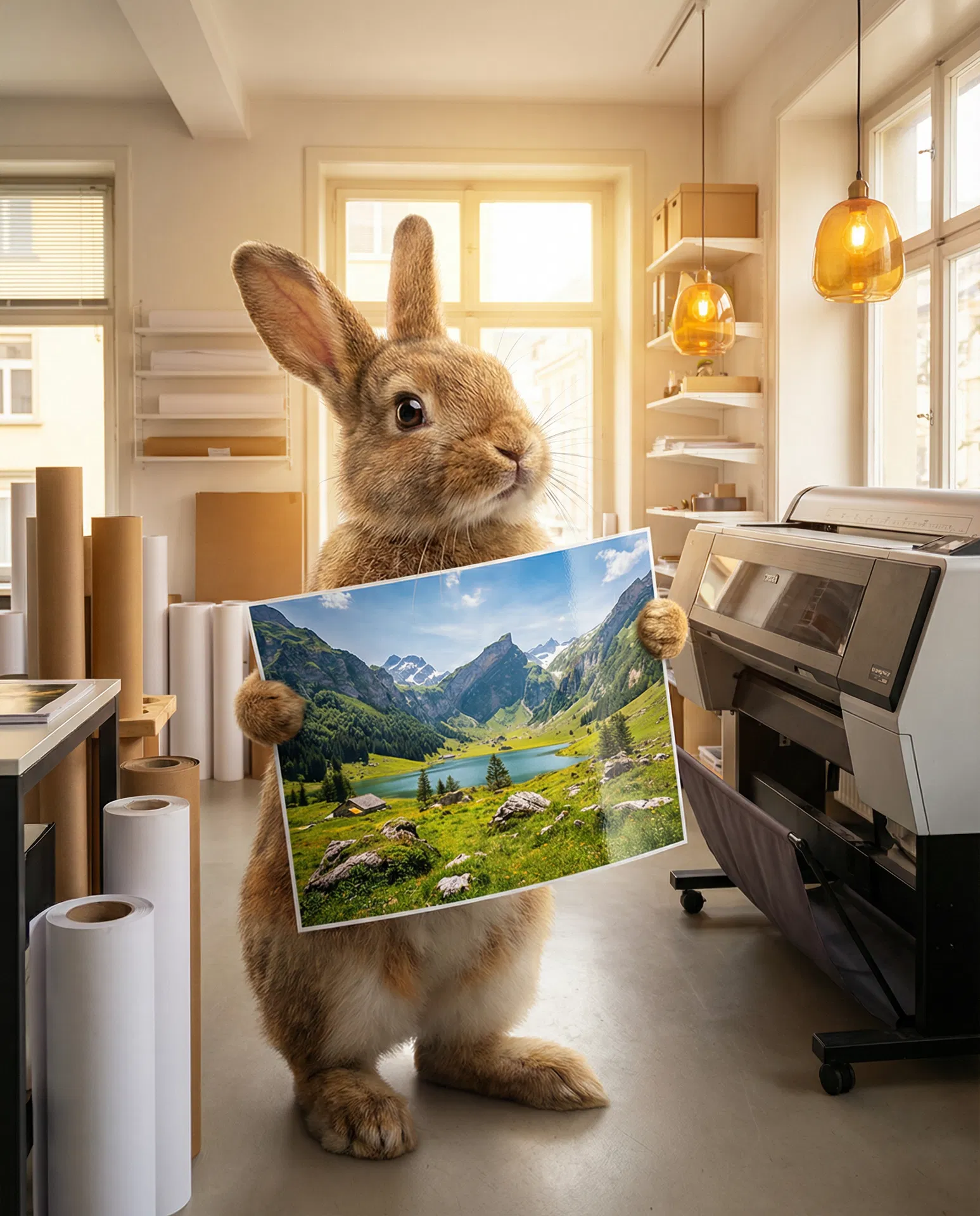 Poster drucken Schweiz – Hase zeigt Fotoposter bei Posterkönig