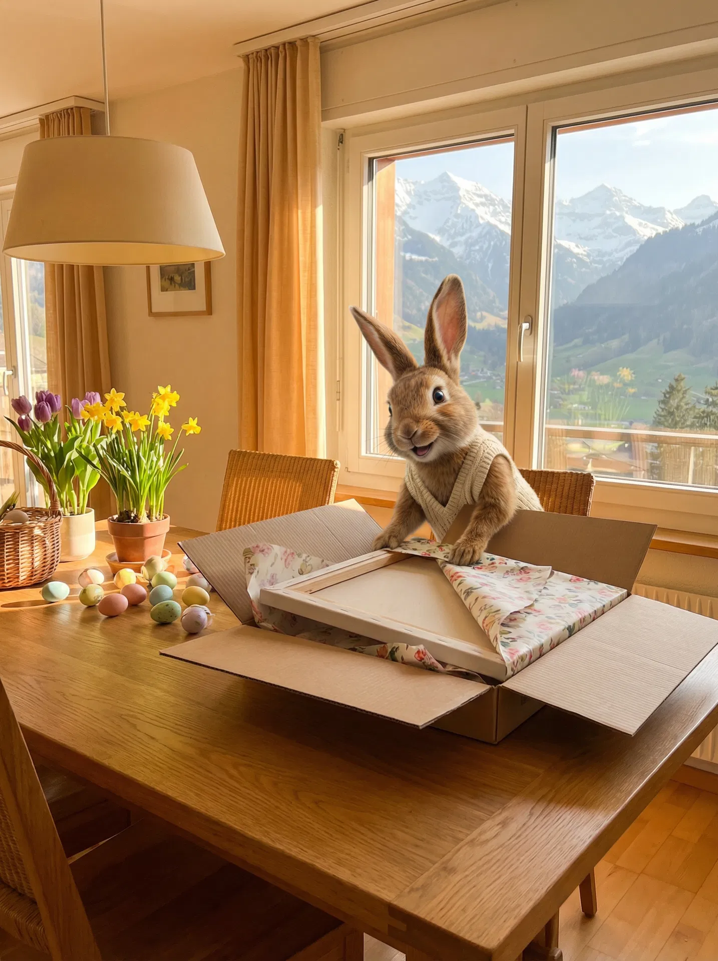 Hase beim Auspacken – Wandbild Lieferung von Posterkönig