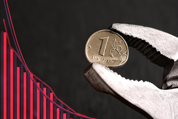 Wrench holds the Russian ruble The idea of the collapse of the ruble and economy sanctions against Russia economic crisis in Russia due to the war in Ukraine