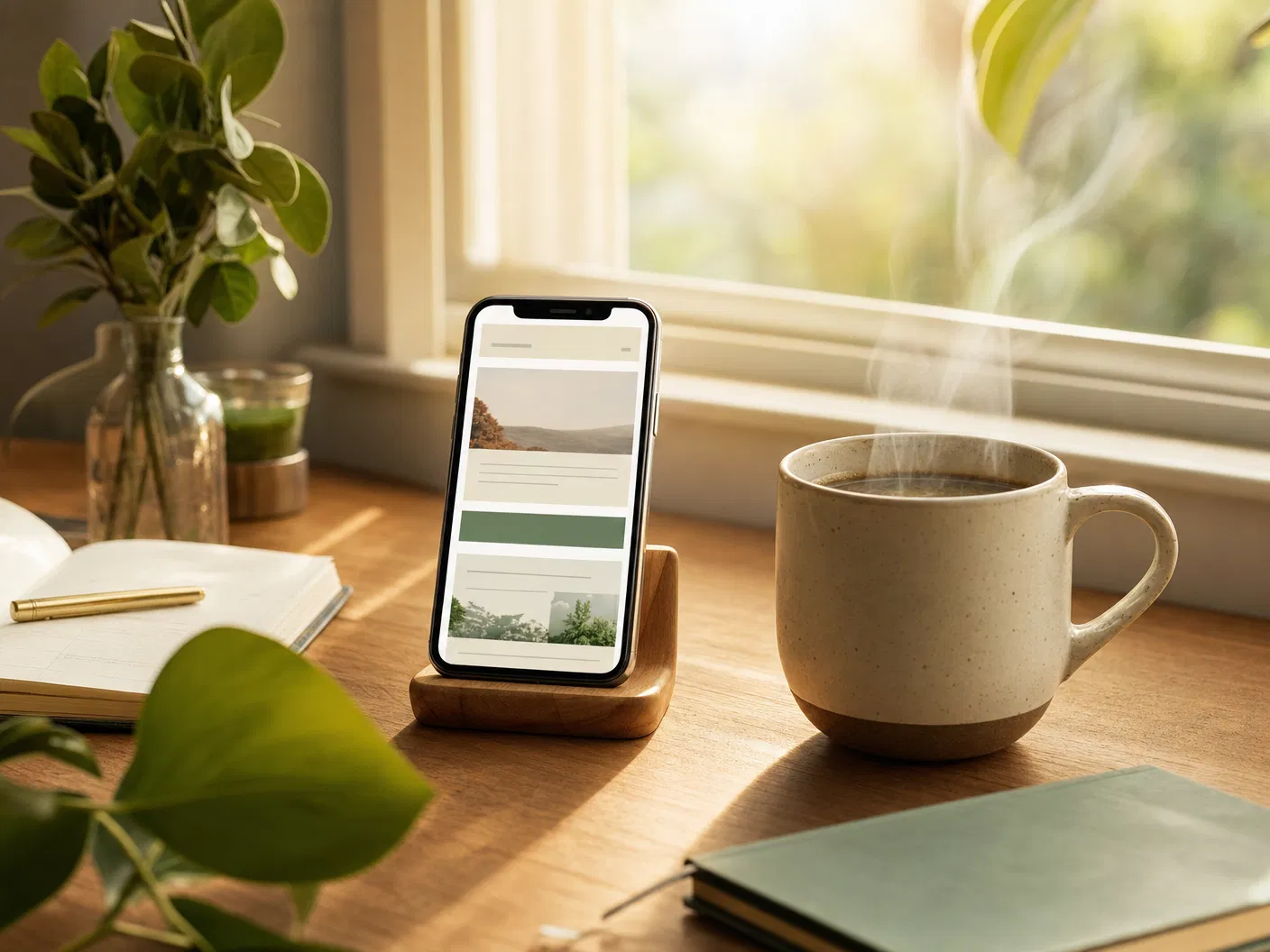 Morgenroutine mit Smartphone und Kaffee