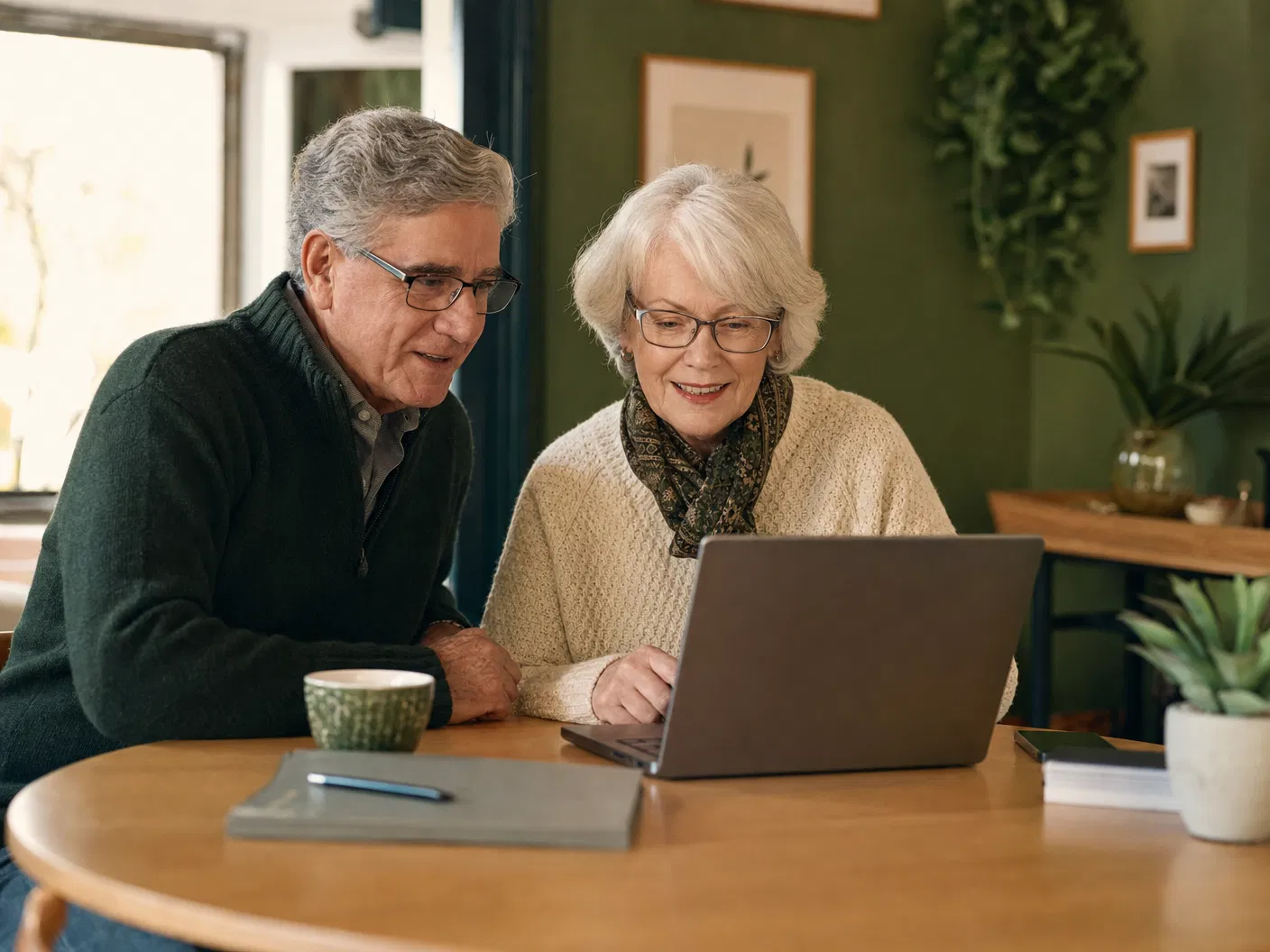 Zwei Senioren lernen gemeinsam am Laptop