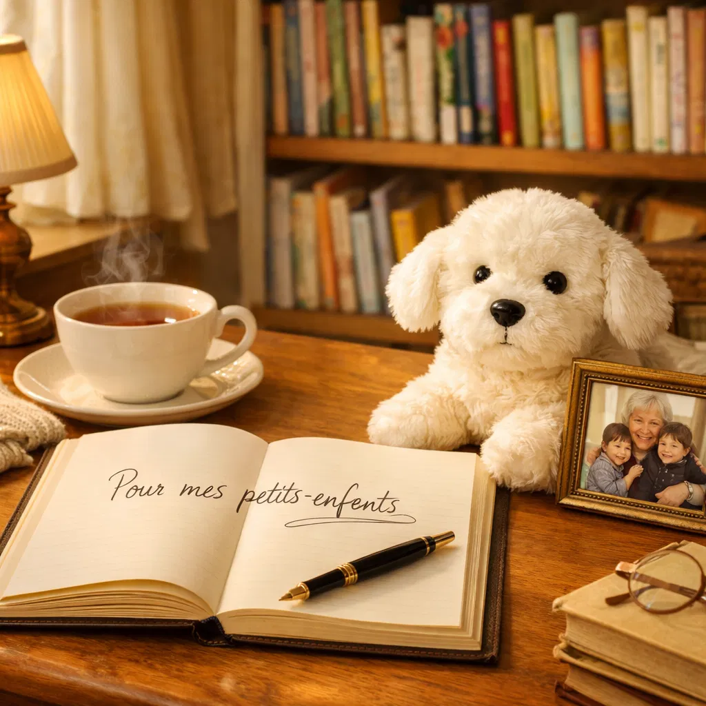 L'auteure des Aventures de Bobby — bureau chaleureux avec la peluche Bobby