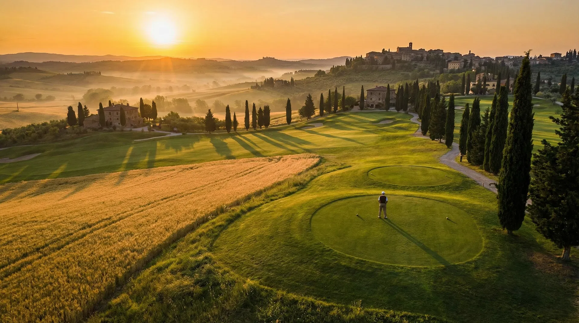 Aerial view of a luxury golf course in Tuscany, Italy at golden hour
