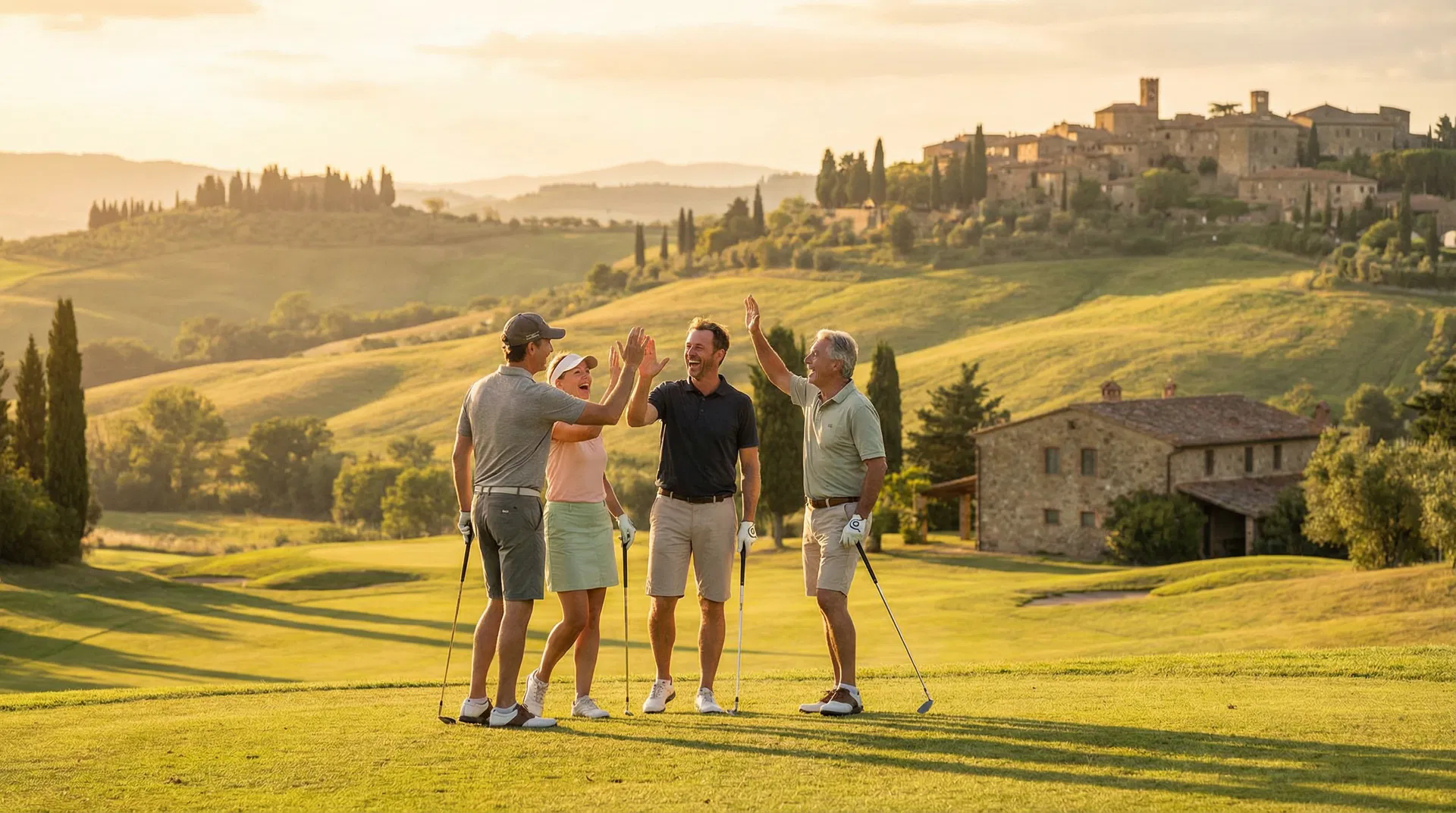 Group of happy golfers celebrating on a Tuscan golf course with medieval village backdrop
