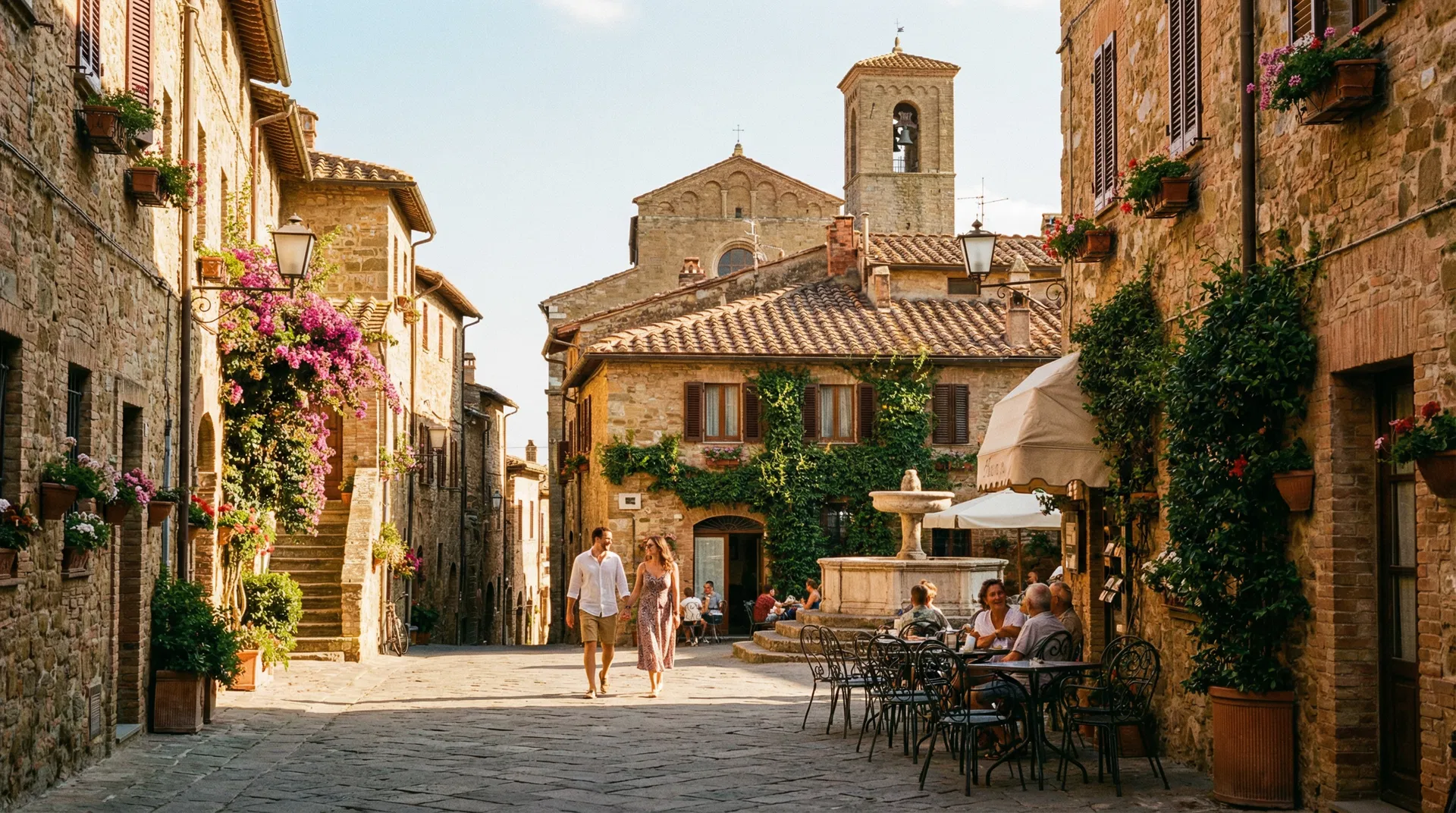 Authentic Italian hilltop village with medieval architecture and cypress trees