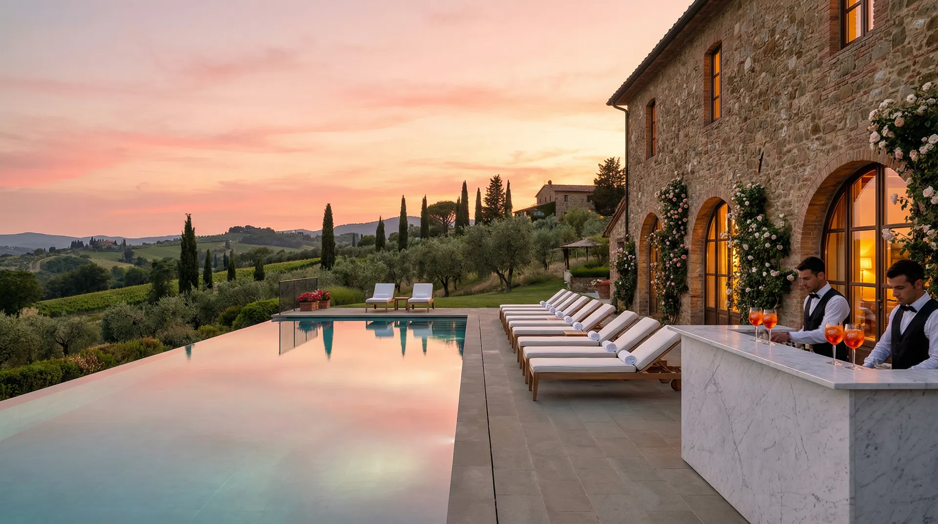 Luxury Italian villa with pool surrounded by olive groves and rolling hills