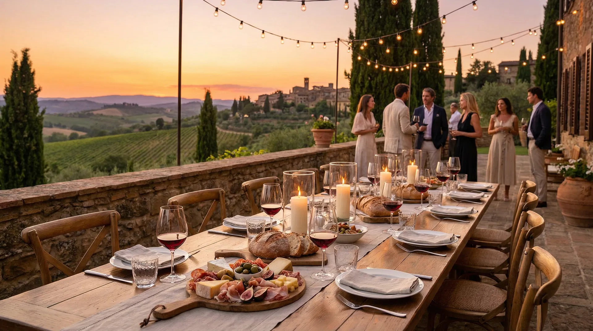 Elegant Italian fine dining table set outdoors overlooking Tuscan vineyards