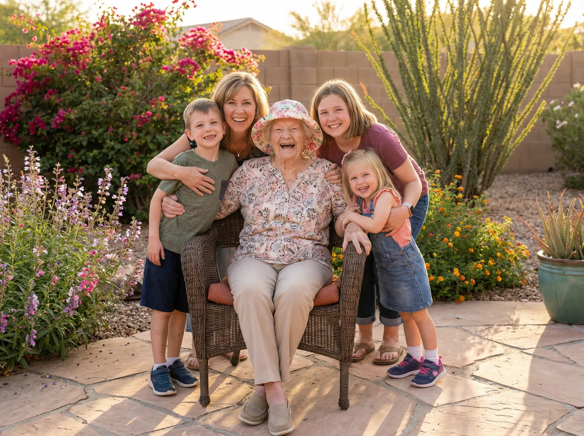 Happy family with elderly grandmother in Arizona garden