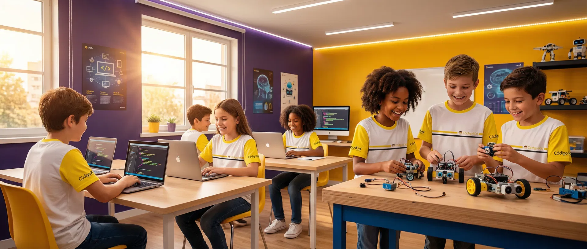 Alunos Código Kid programando e fazendo robótica