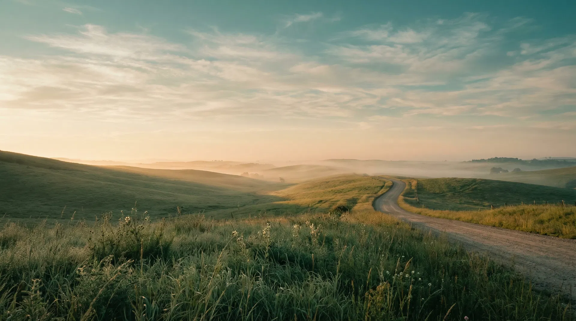 Winding road through green hills at sunrise
